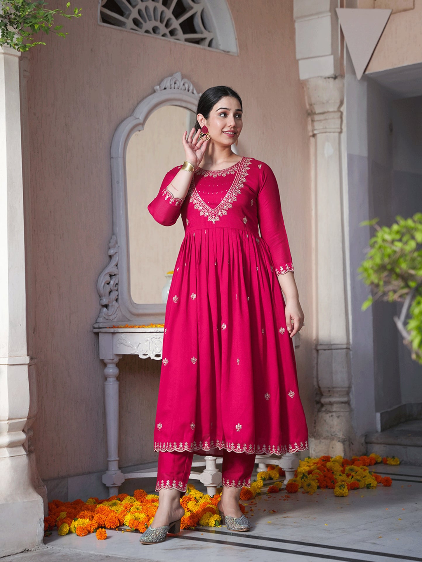 Embroidered Poly Silk Solid Royal Pink Kurta