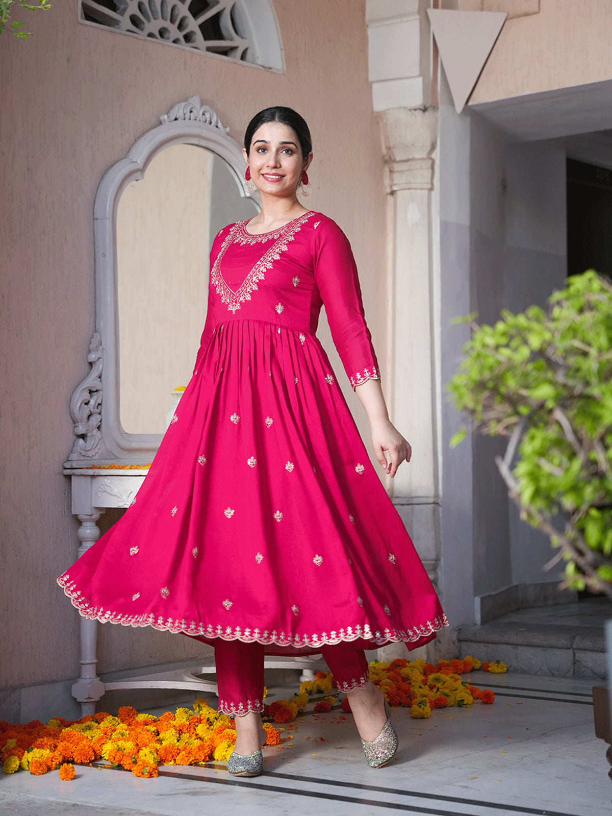 Embroidered Blended Silk Solid Royal Pink Anarkali Kurta