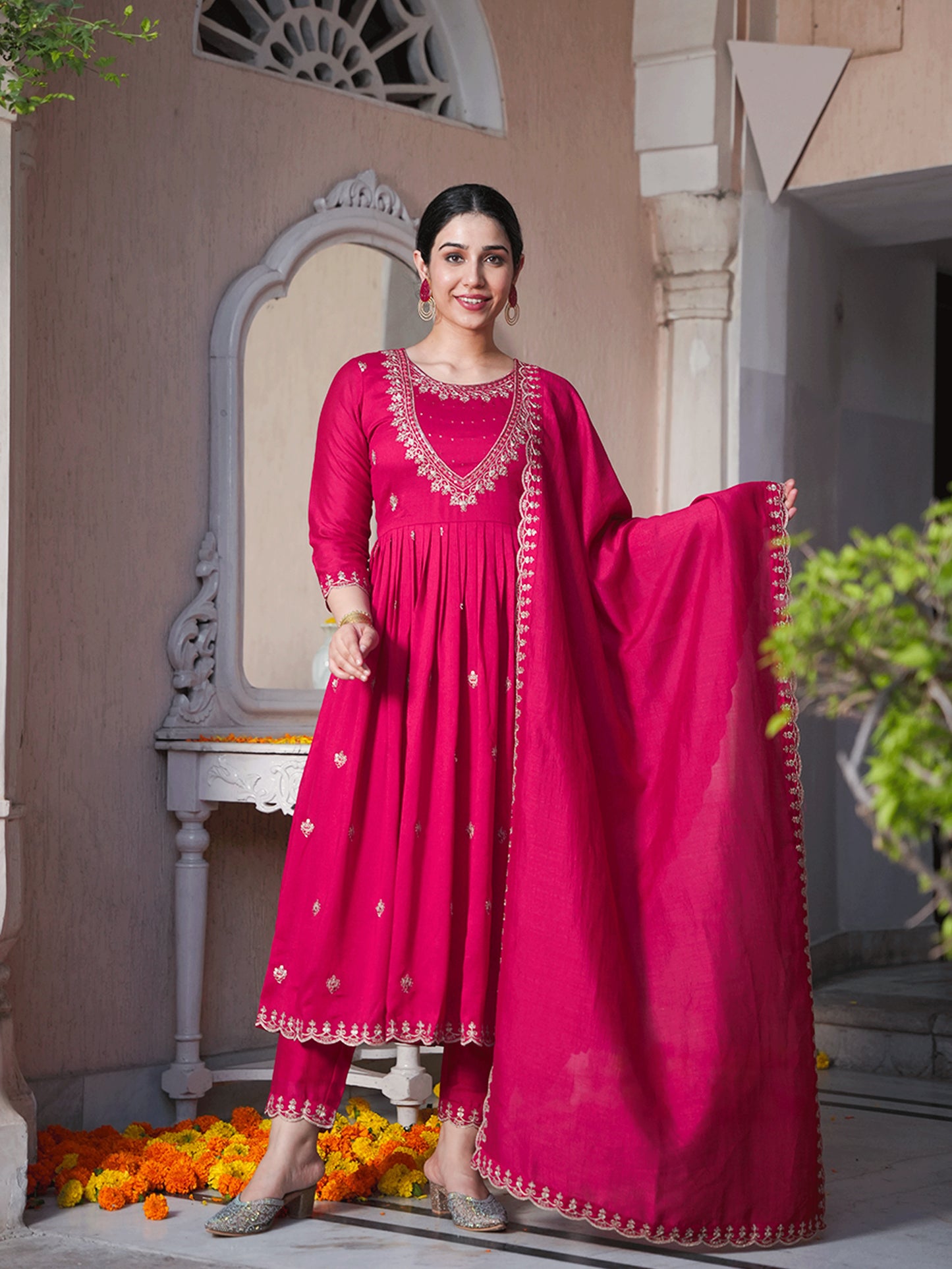 Embroidered Poly Silk Solid Royal Pink Kurta