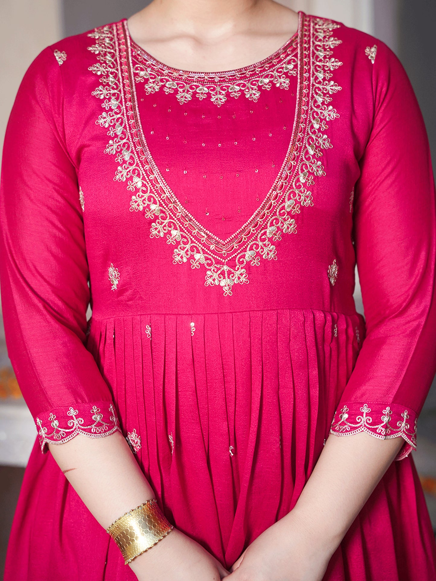 Embroidered Poly Silk Solid Royal Pink Kurta