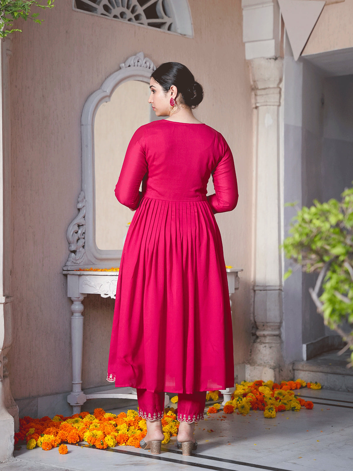 Embroidered Blended Silk Solid Royal Pink Anarkali Kurta