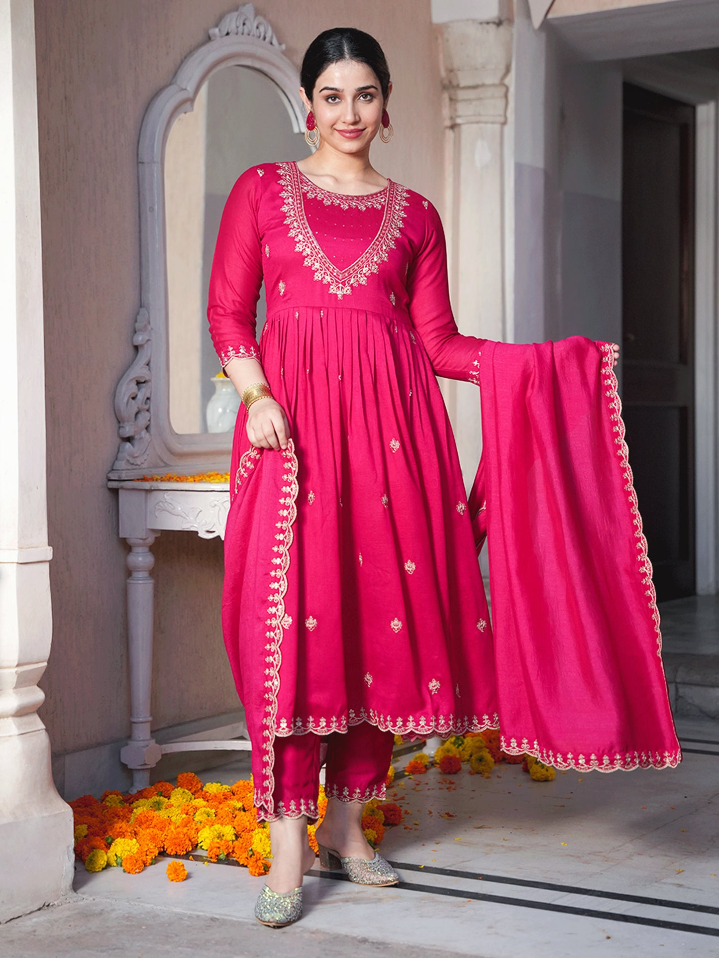 Embroidered Poly Silk Solid Royal Pink Kurta