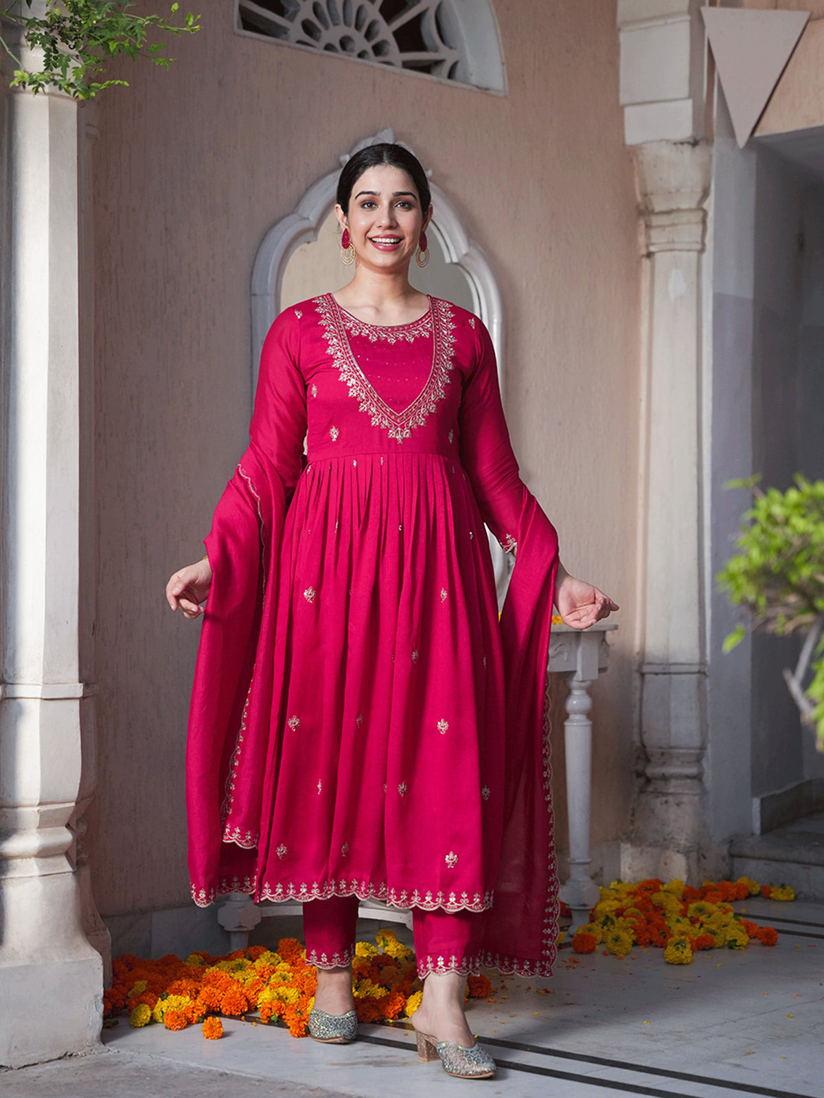 Embroidered Blended Silk Solid Royal Pink Anarkali Kurta