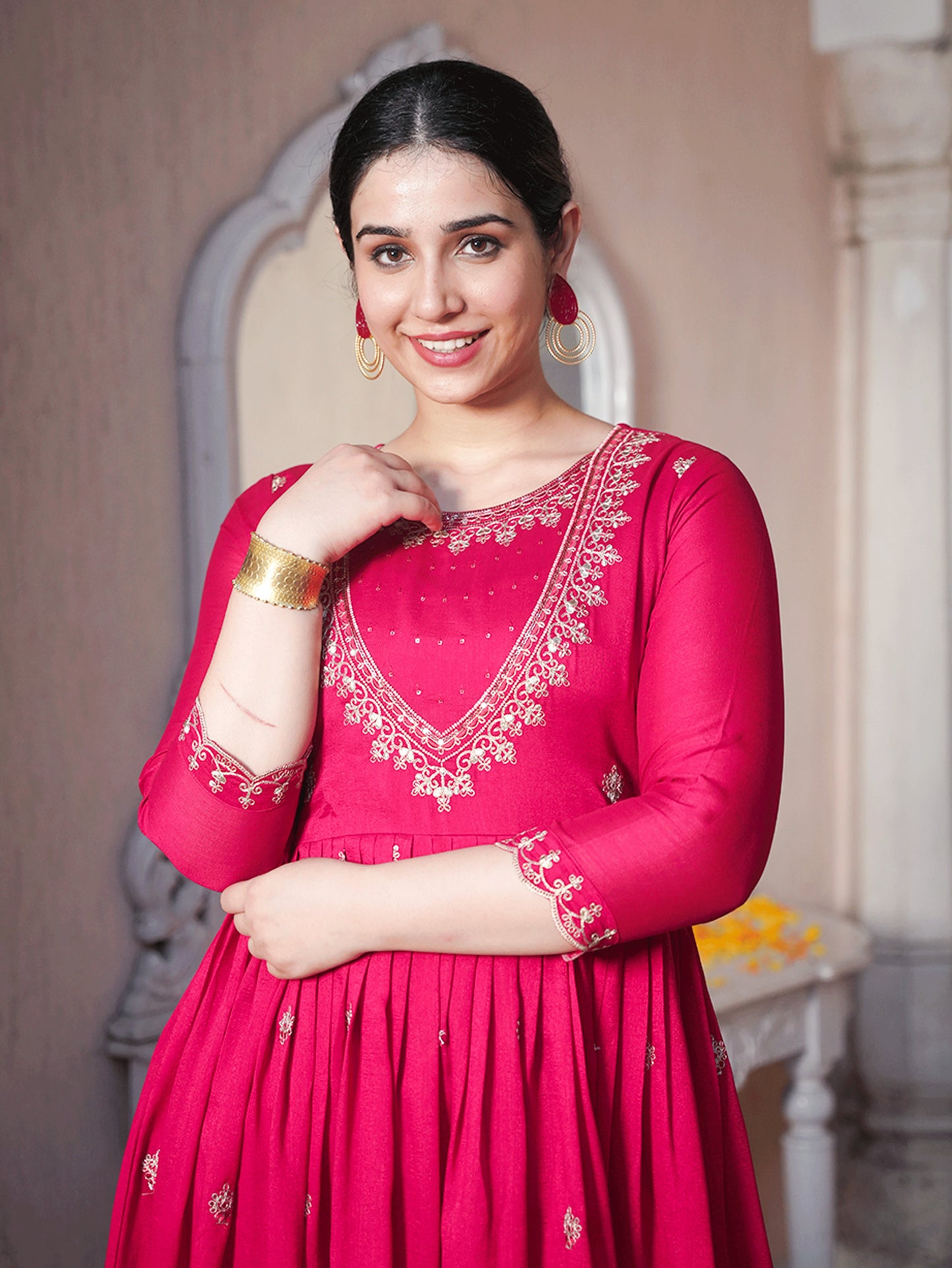 Embroidered Poly Silk Solid Royal Pink Kurta
