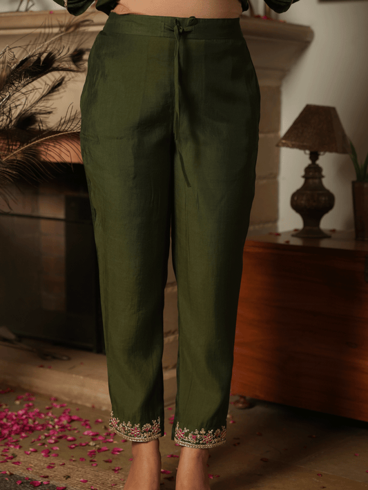 Blended Silk Solid Green Trousers