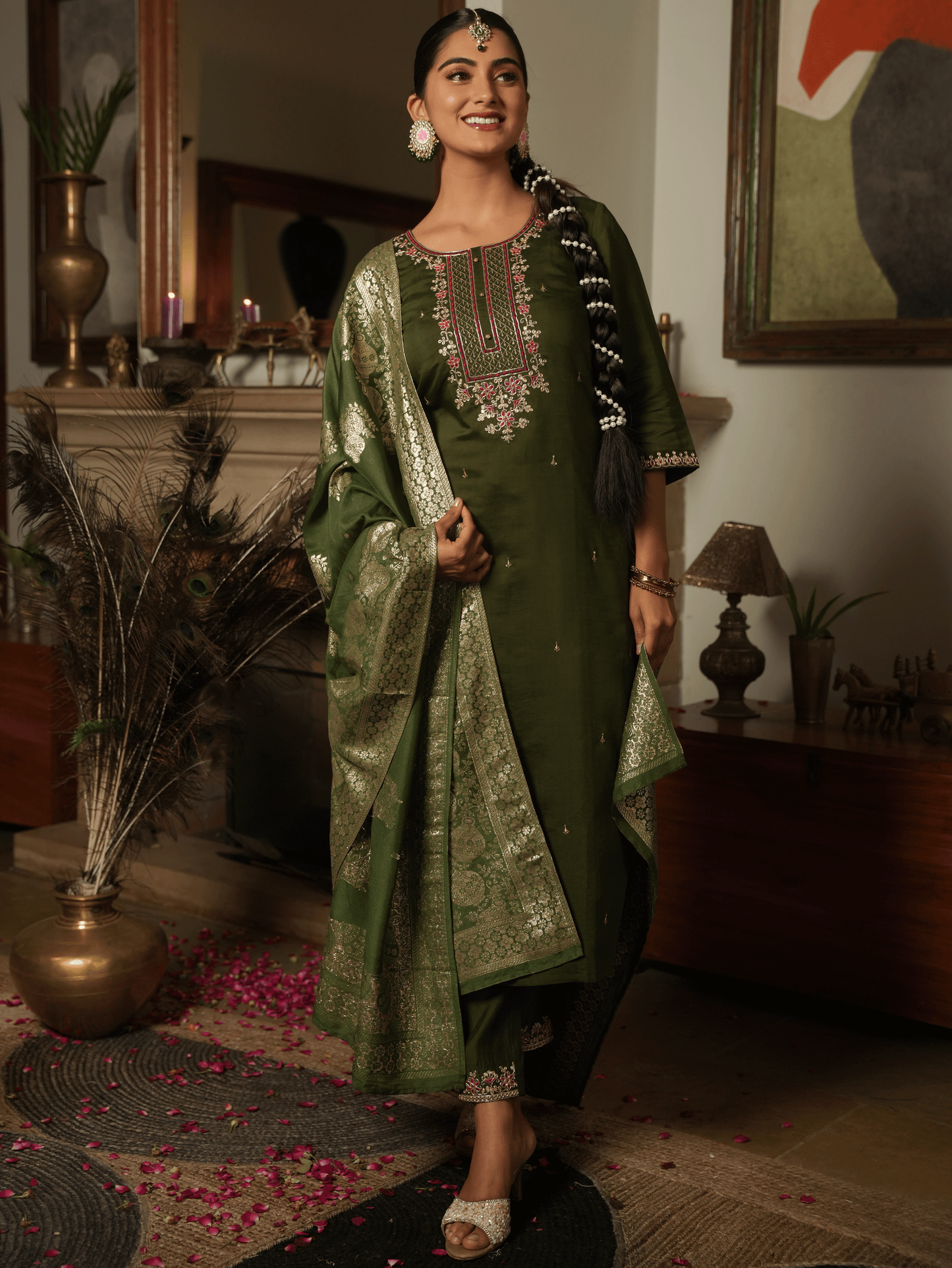 Silk Jacquard Green Dupatta