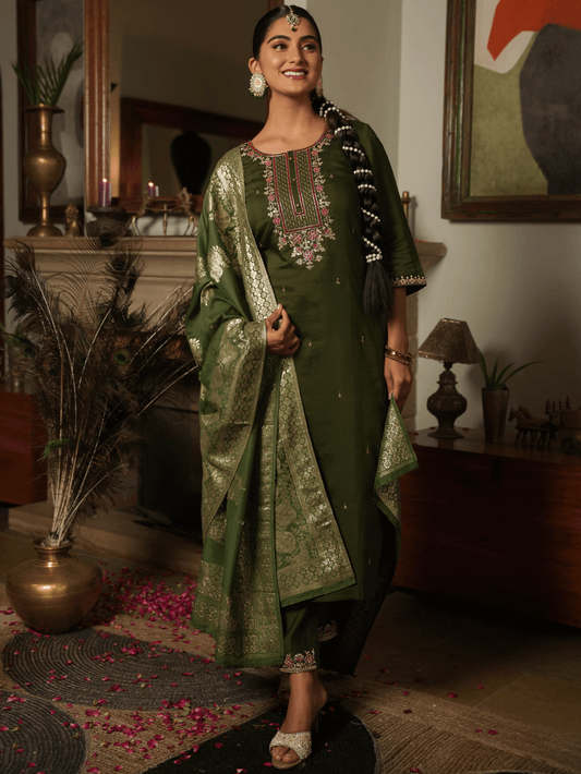 Silk Jacquard Green Dupatta