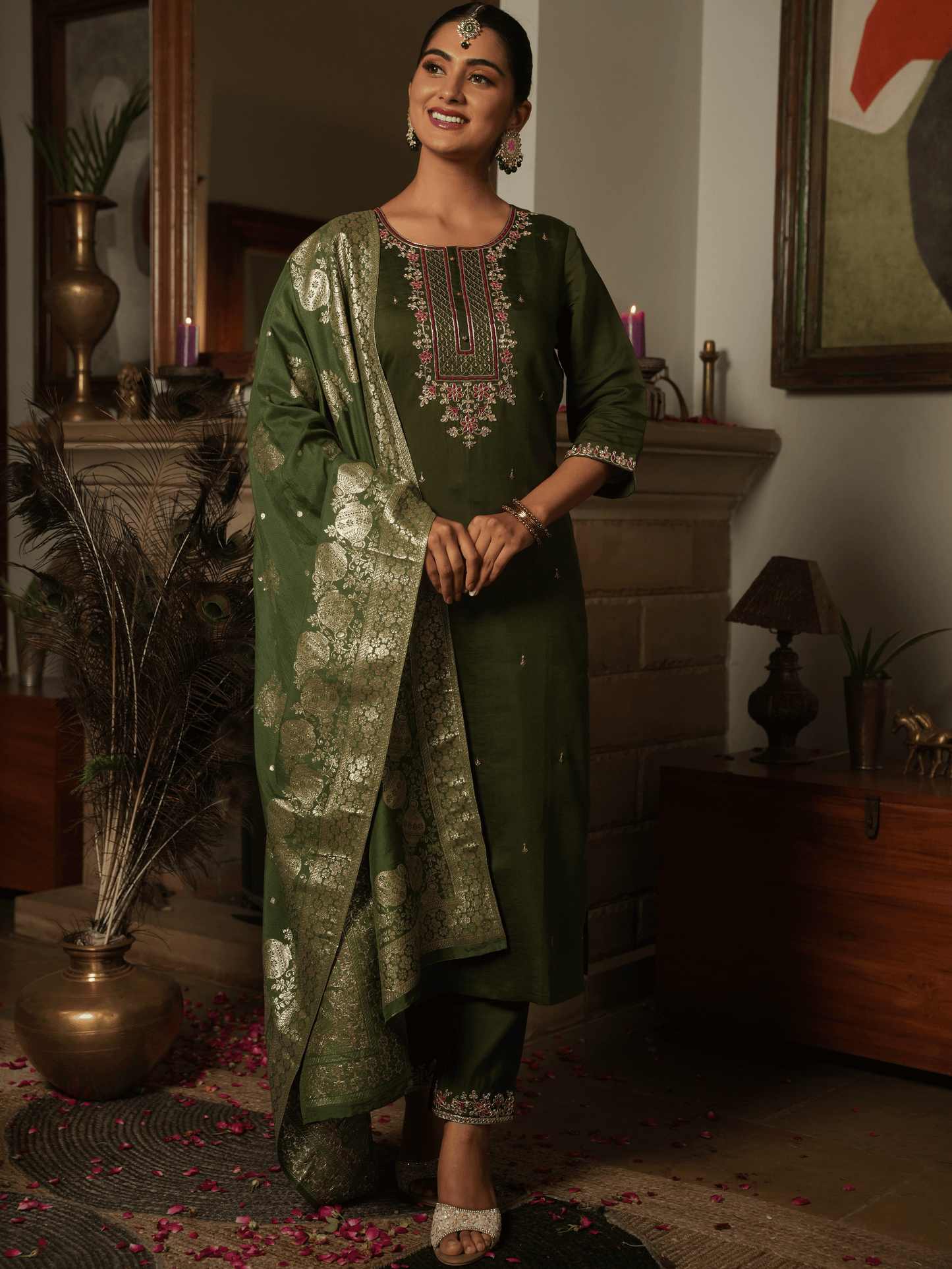 Embroidered Chanderi Green Kurta
