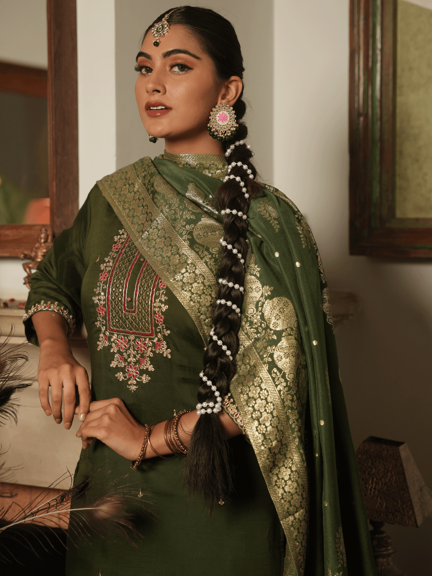 Embroidered Chanderi Green Kurta