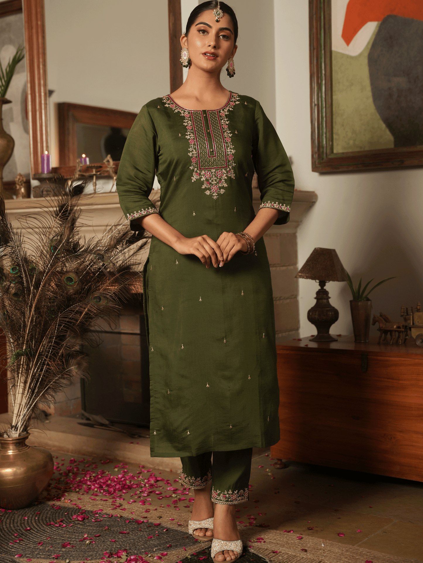 Embroidered Chanderi Green Kurta