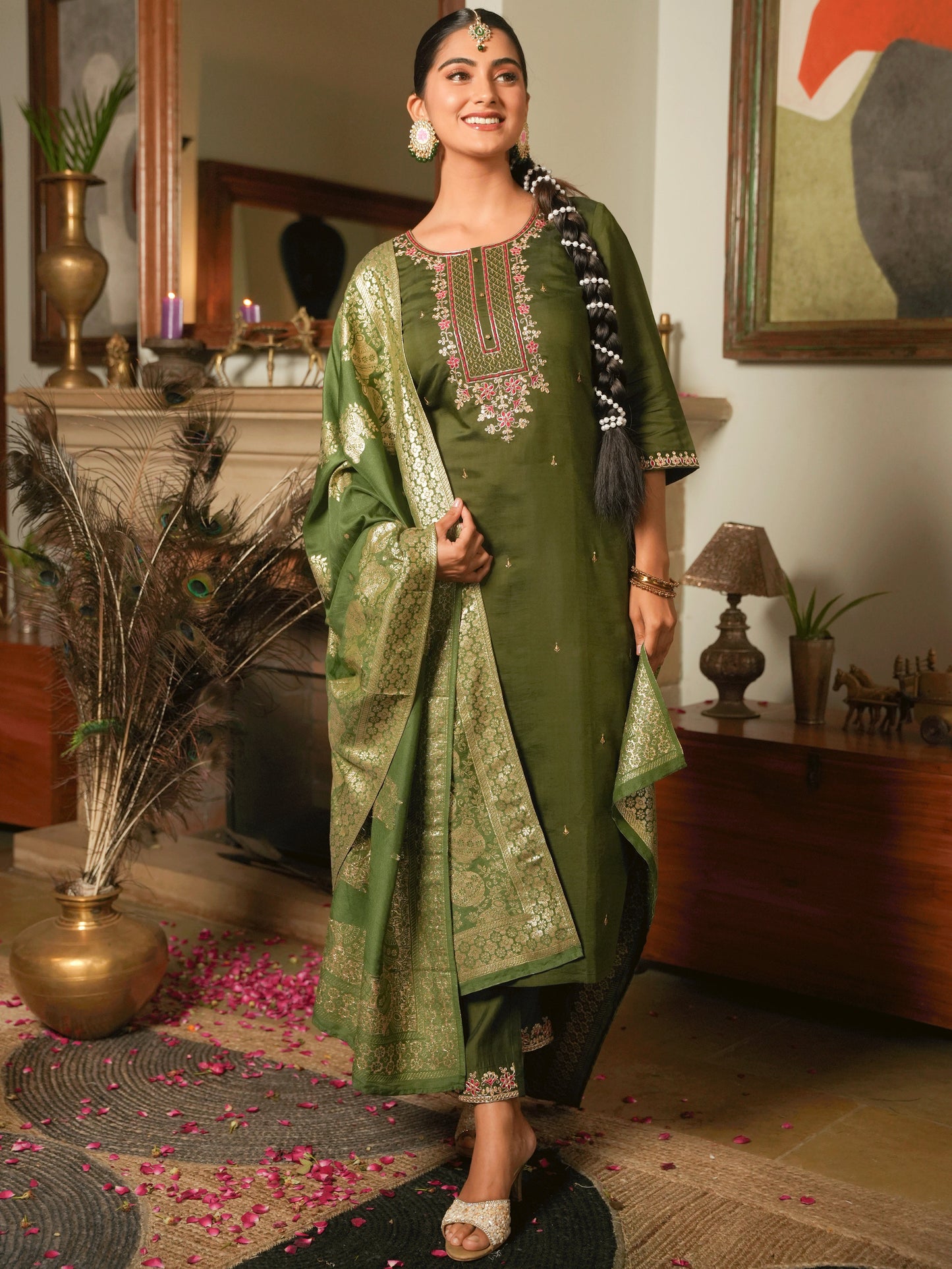 Embroidered Chanderi Green Kurta