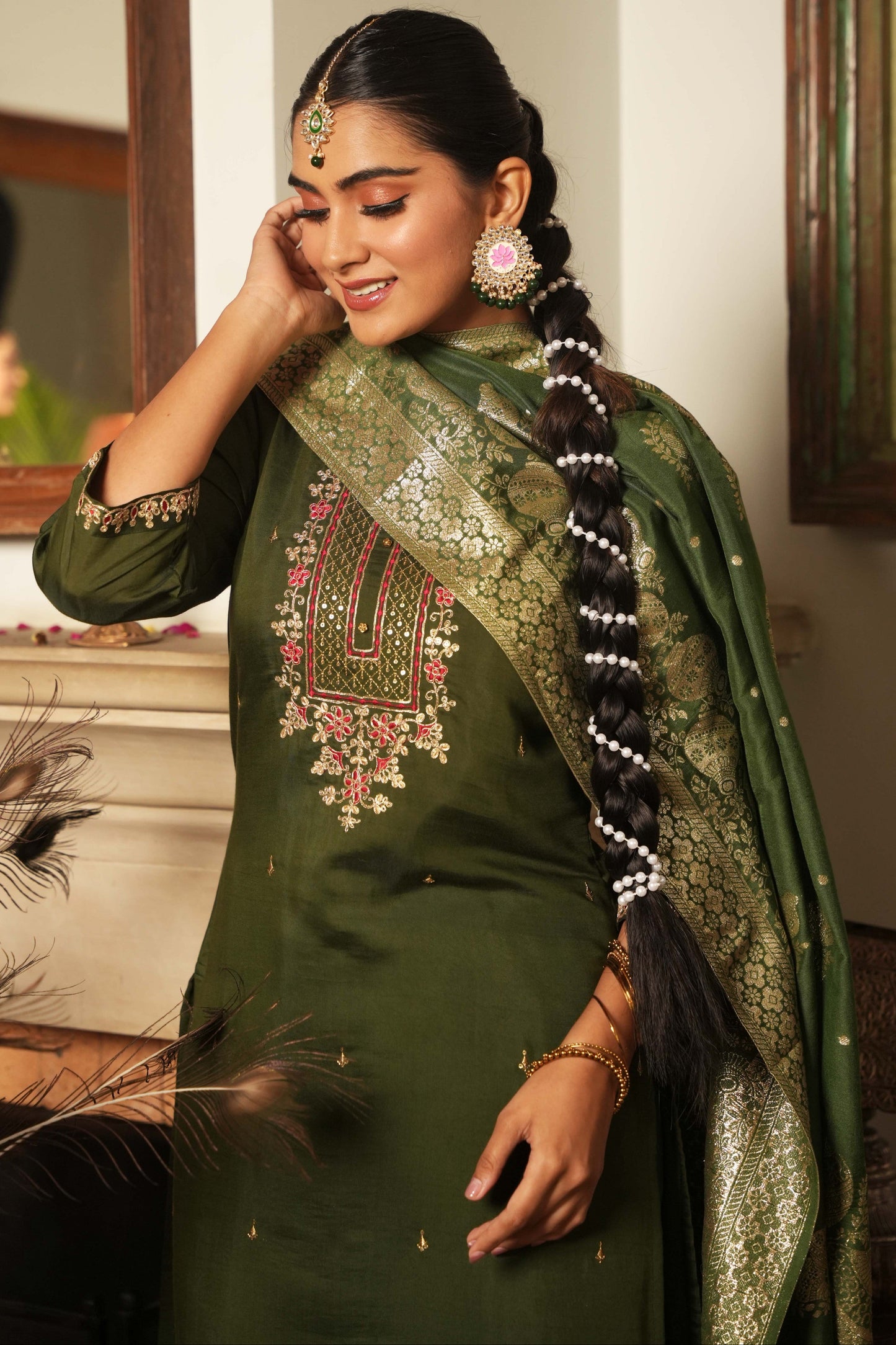 Embroidered Chanderi Green Kurta