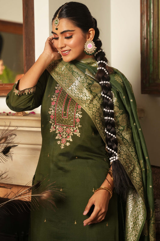 Embroidered Chanderi Green Kurta