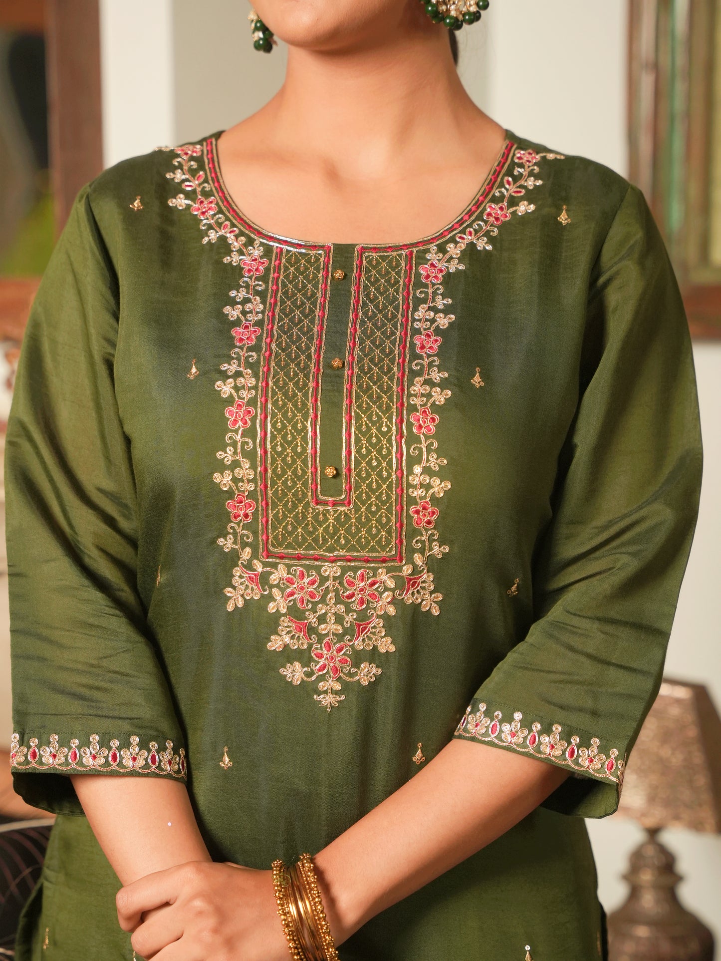 Embroidered Chanderi Green Straight Kurta
