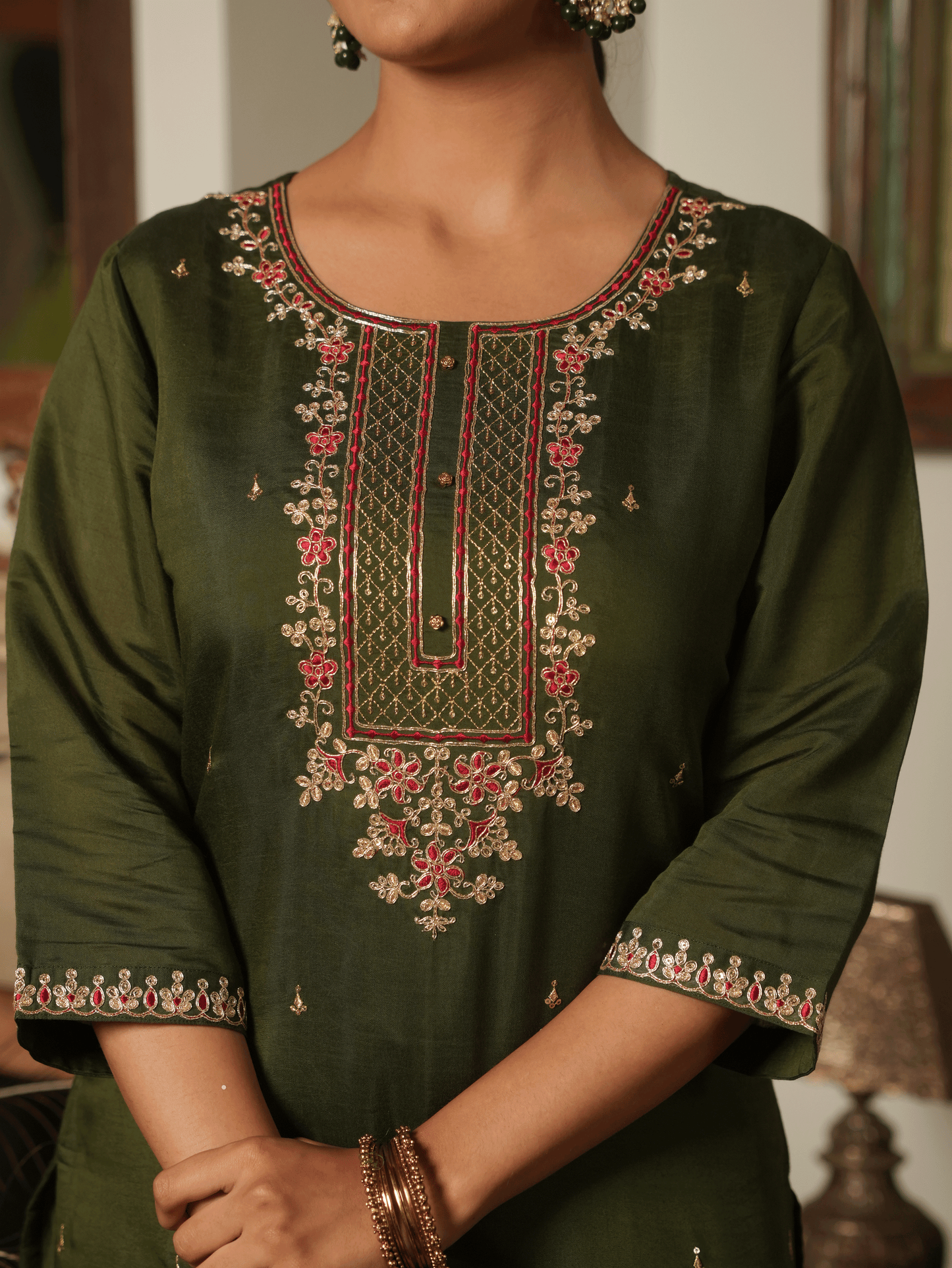 Embroidered Chanderi Green Kurta