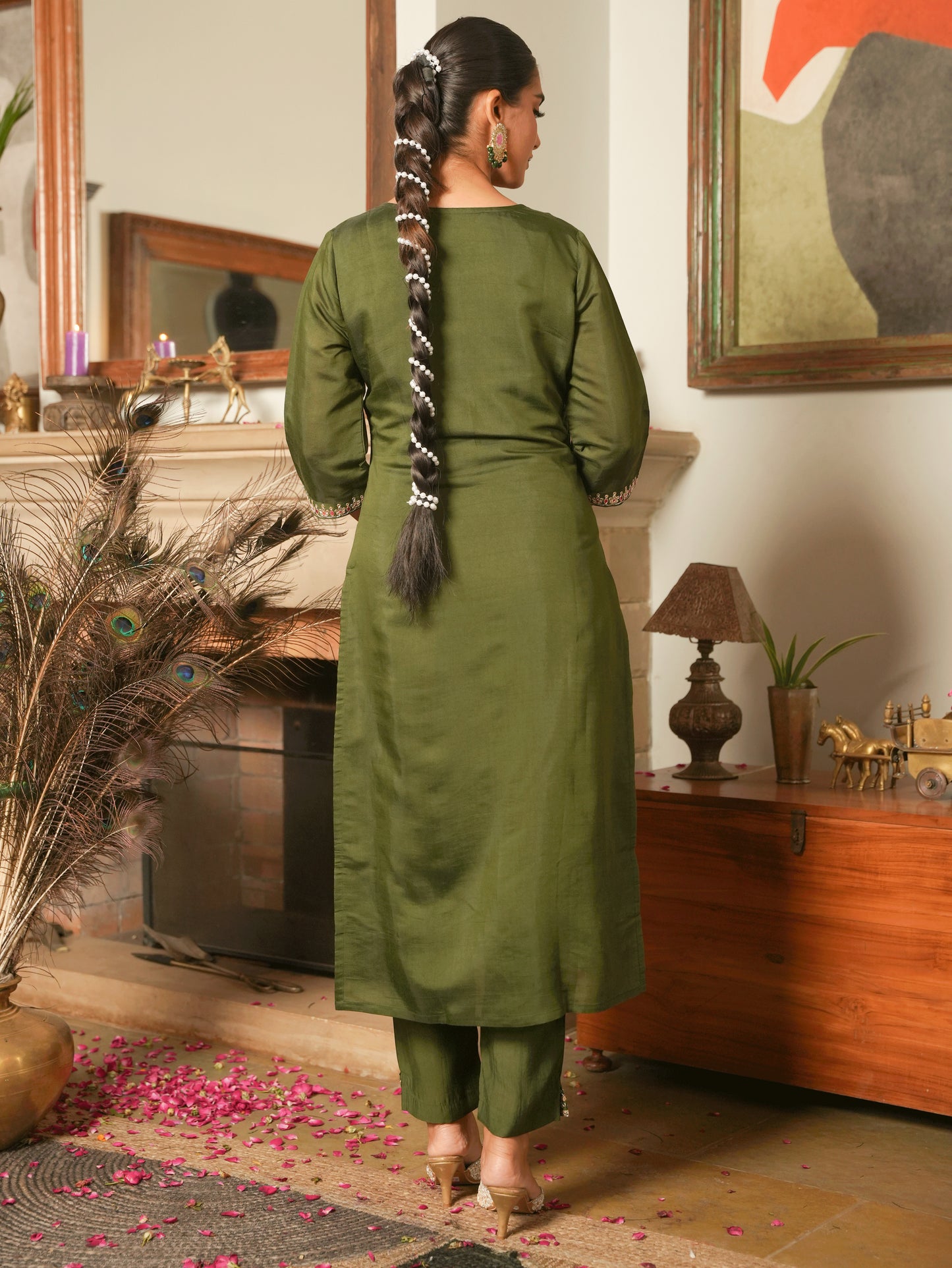 Embroidered Chanderi Green Straight Kurta
