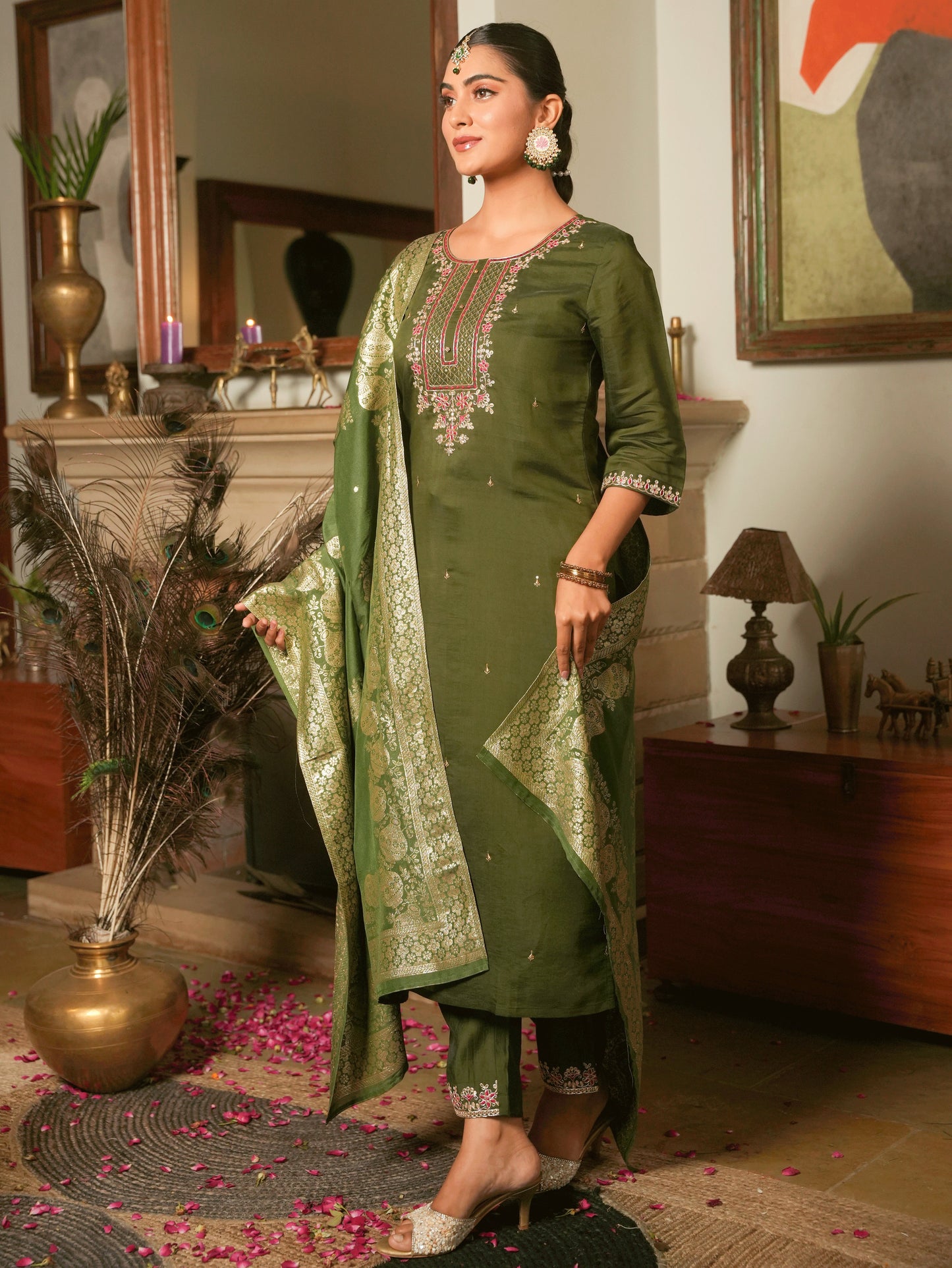 Embroidered Chanderi Green Kurta
