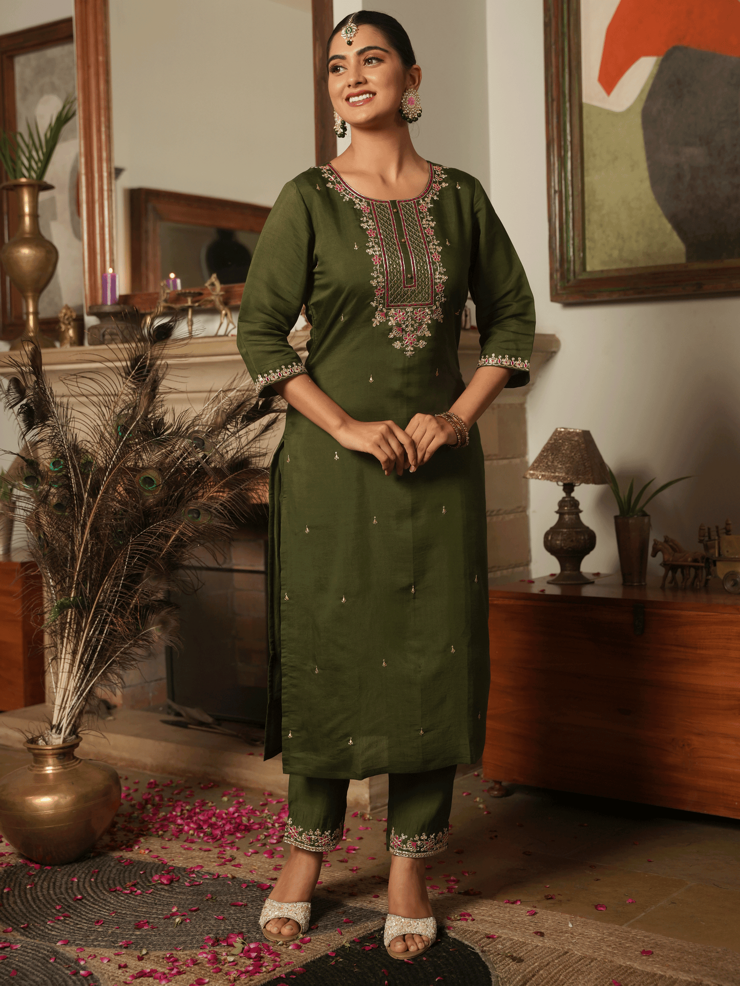 Embroidered Chanderi Green Kurta