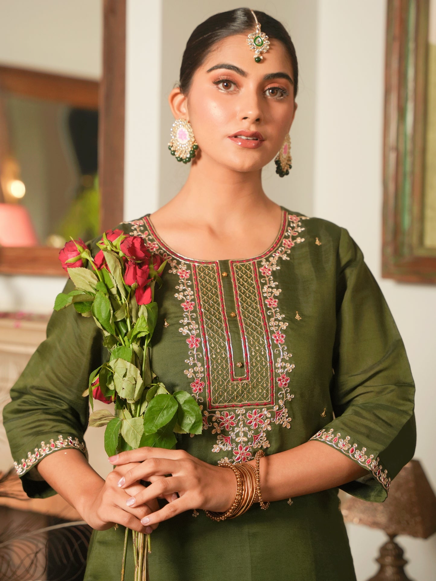 Embroidered Chanderi Green Straight Kurta