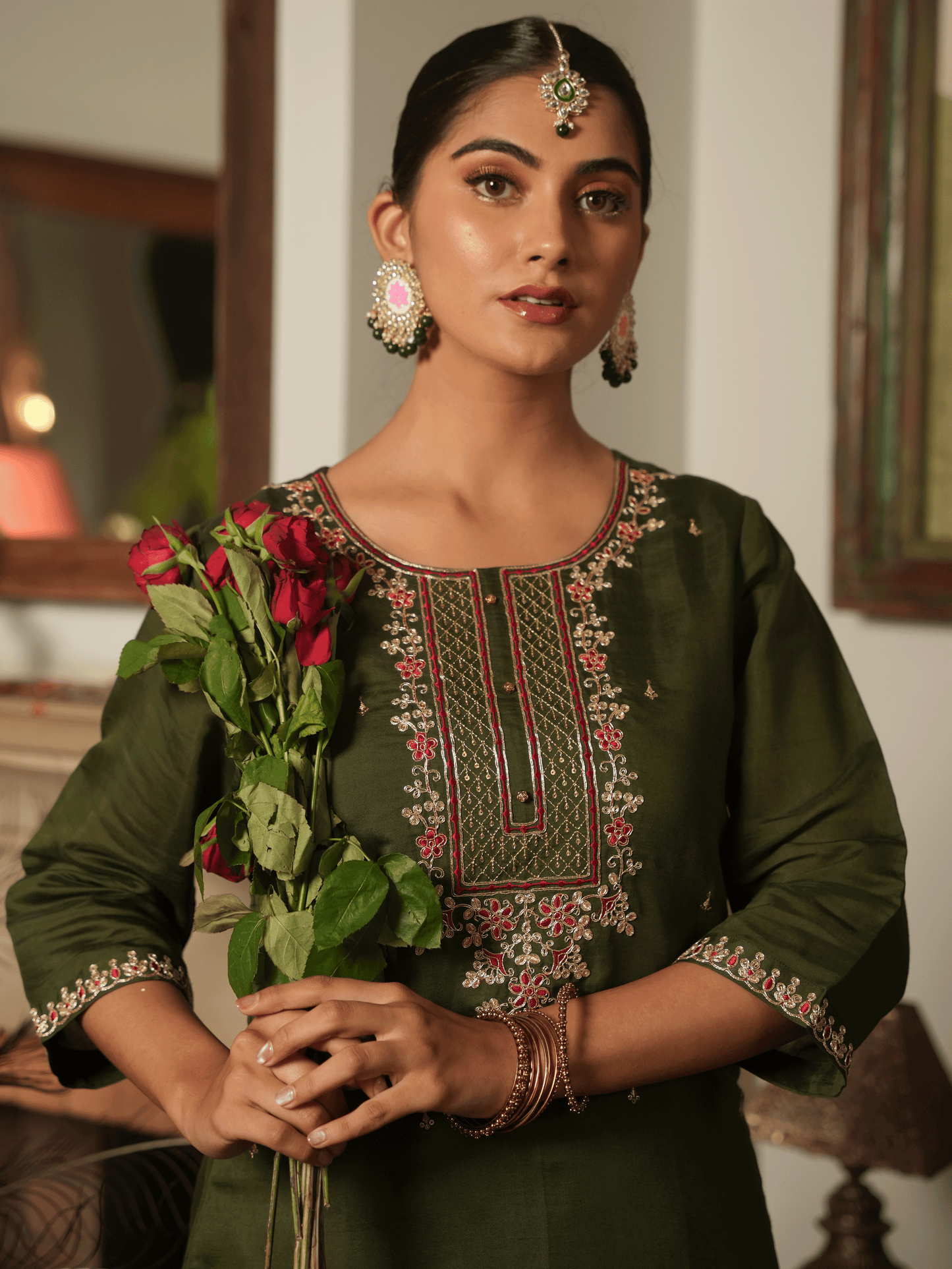 Embroidered Chanderi Green Kurta