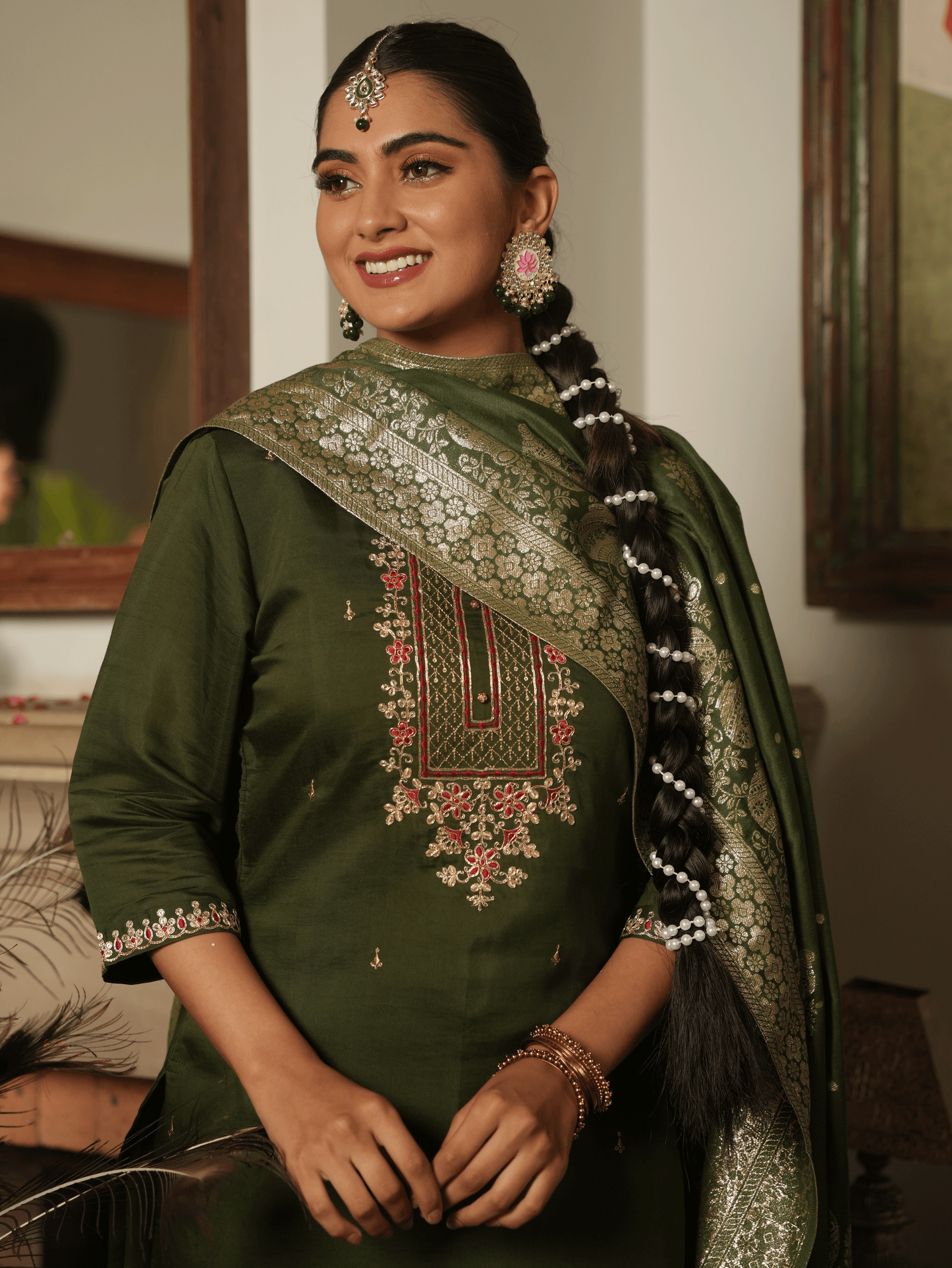 Embroidered Chanderi Green Kurta