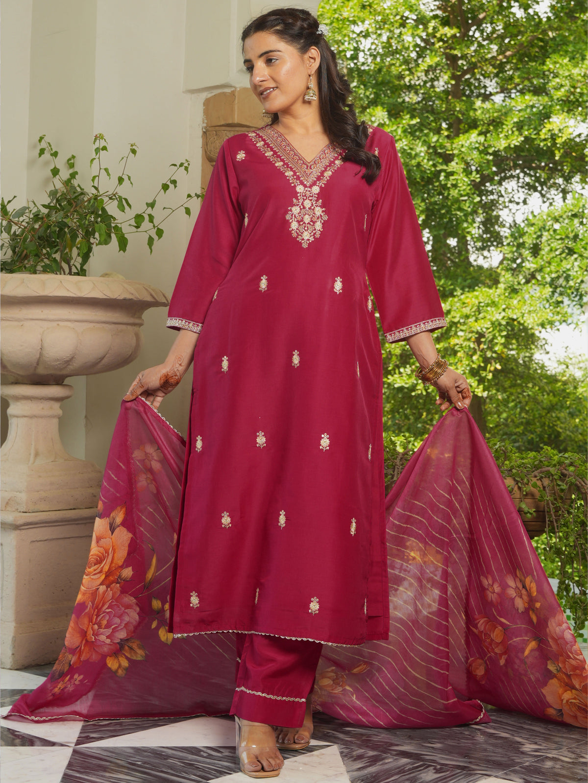 Chanderi Floral Burnt Pink Dupatta
