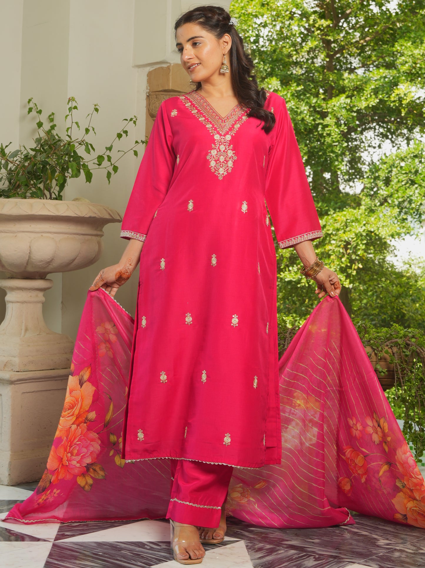 Chanderi Floral Burnt Pink Dupatta