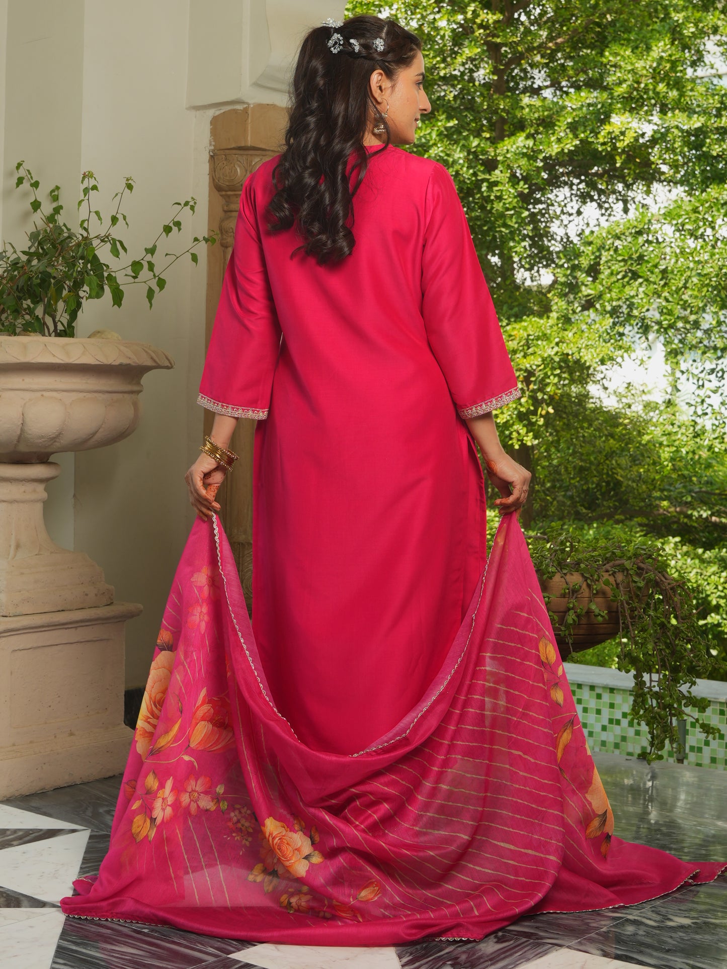 Chanderi Floral Burnt Pink Dupatta