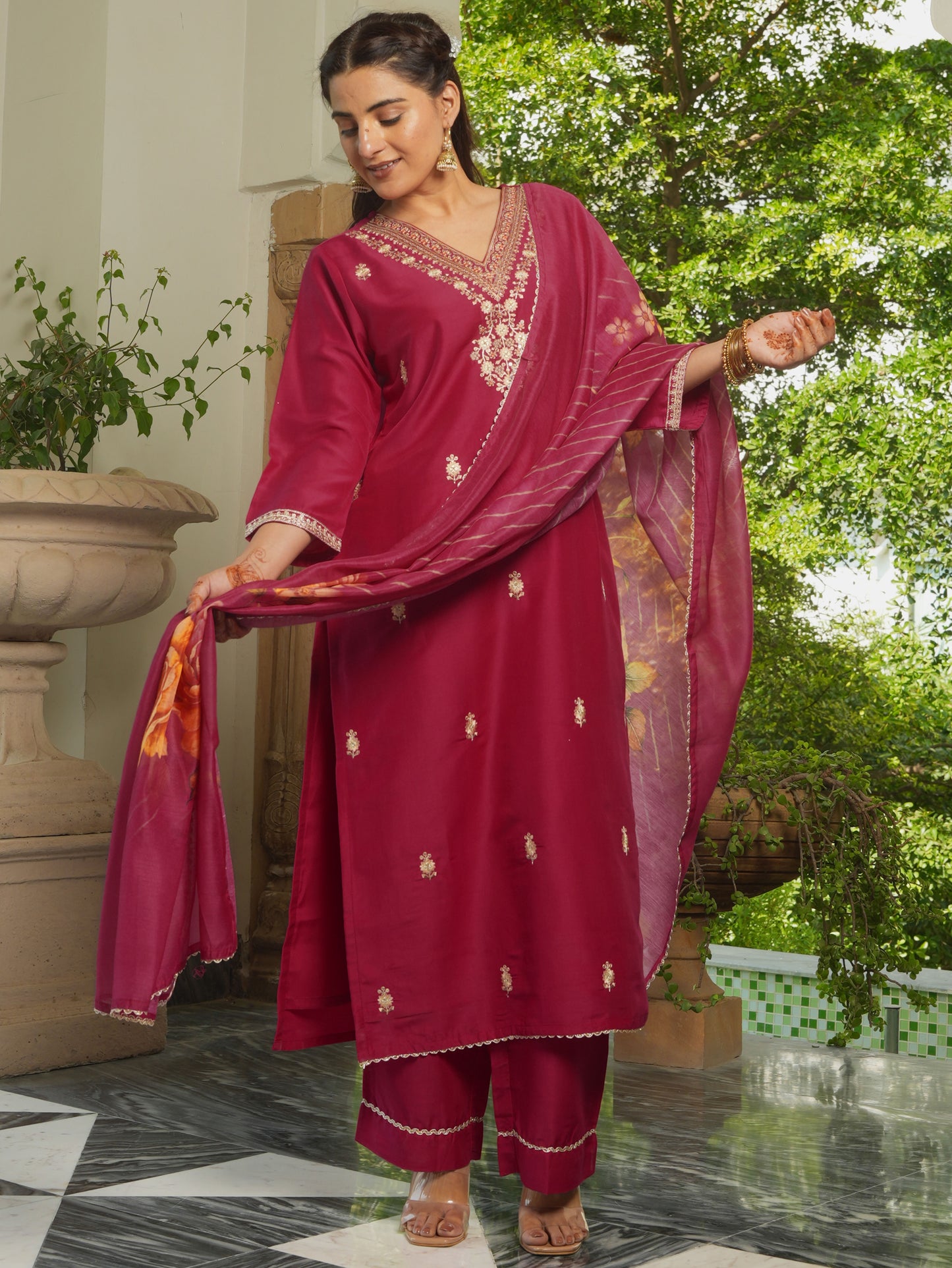 Embroidered Chanderi Solid Straight Burnt Pink Kurta