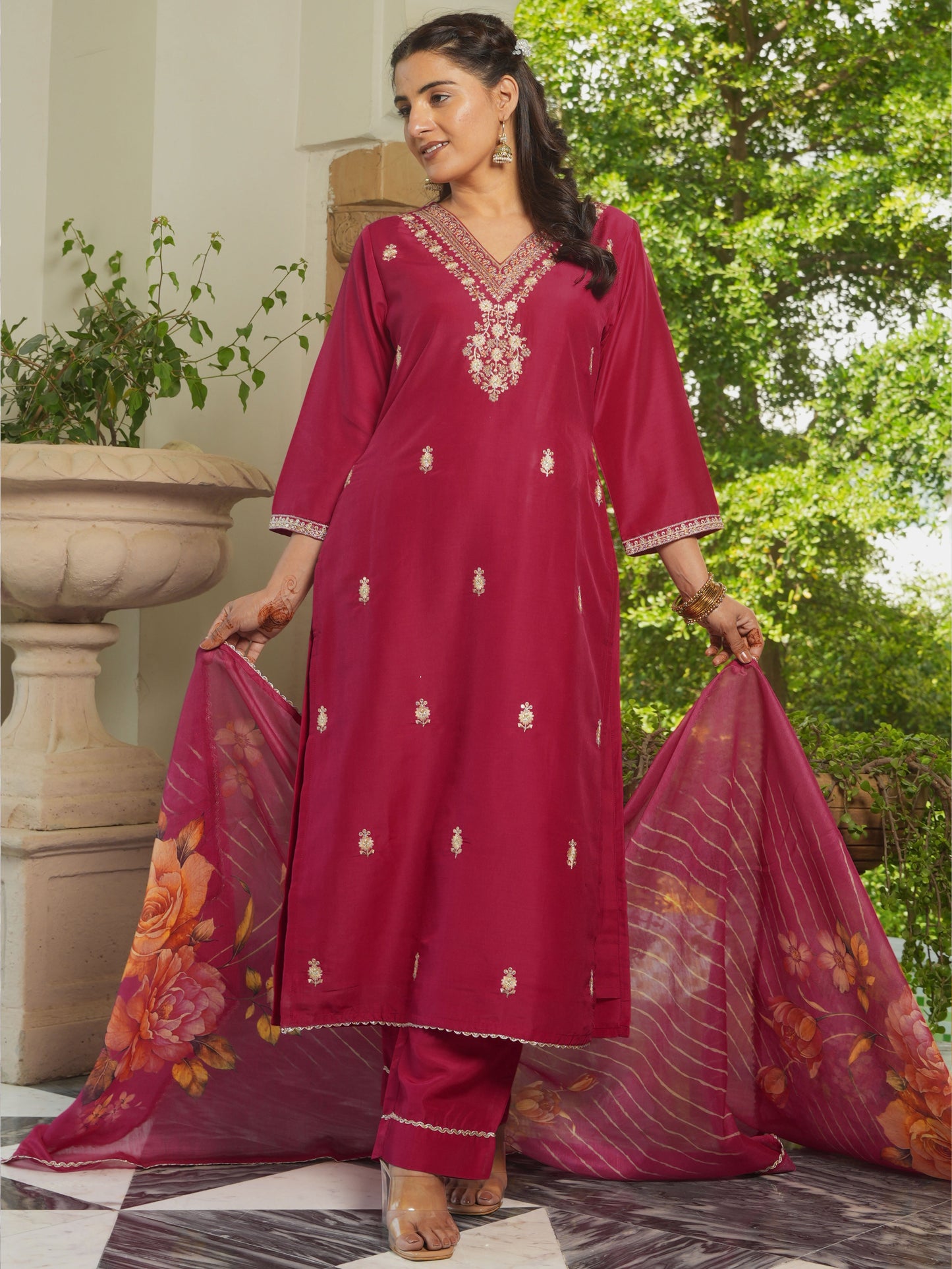 Embroidered Chanderi Solid Straight Burnt Pink Kurta