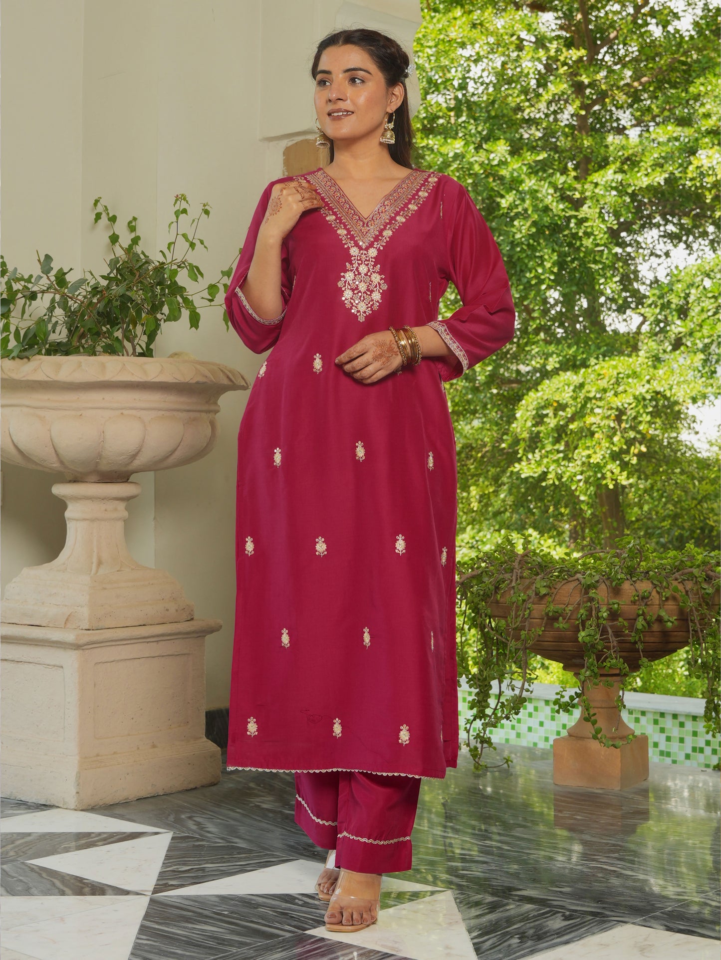 Embroidered Chanderi Solid Straight Burnt Pink Kurta