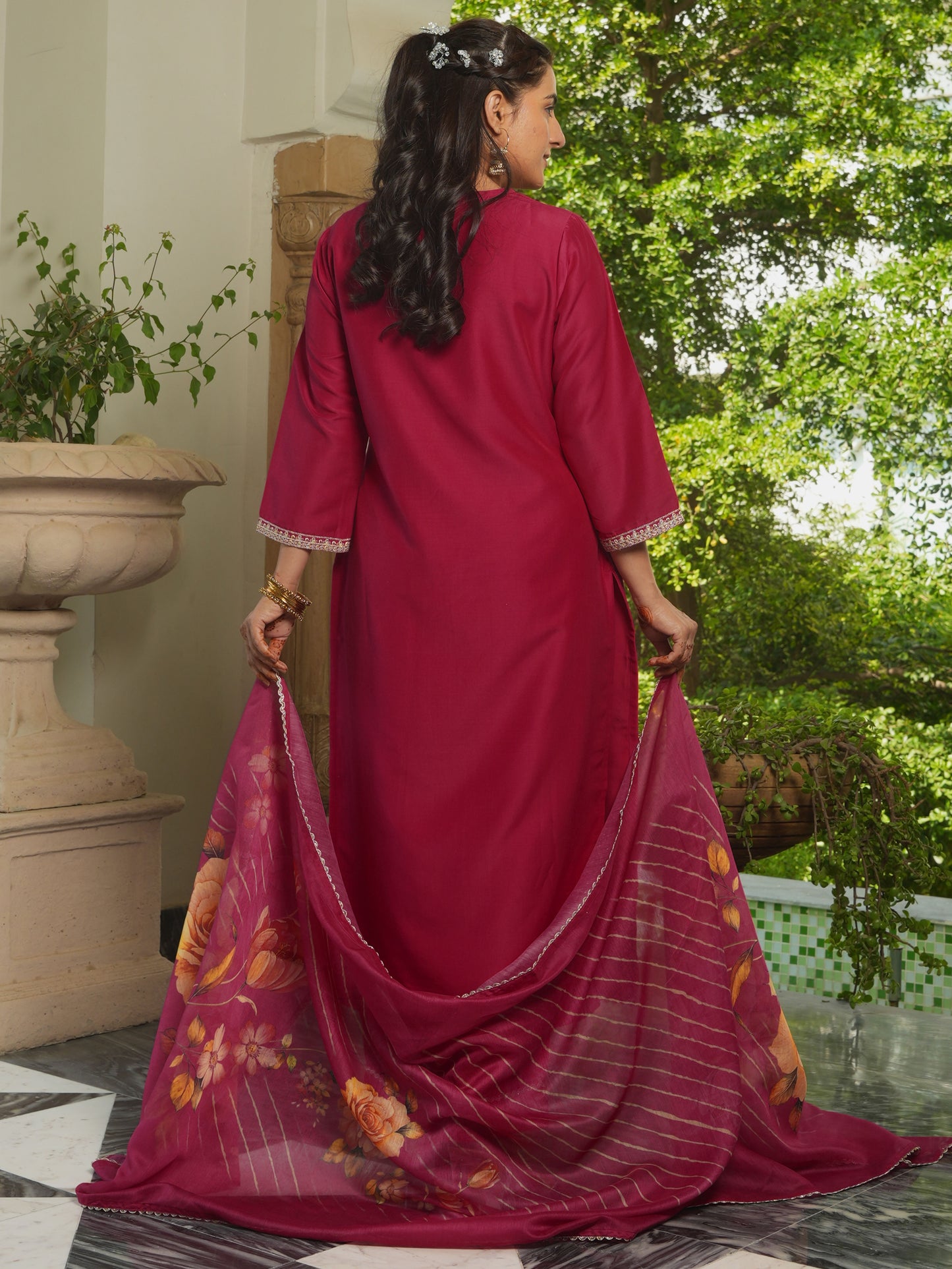 Embroidered Chanderi Solid Straight Burnt Pink Kurta