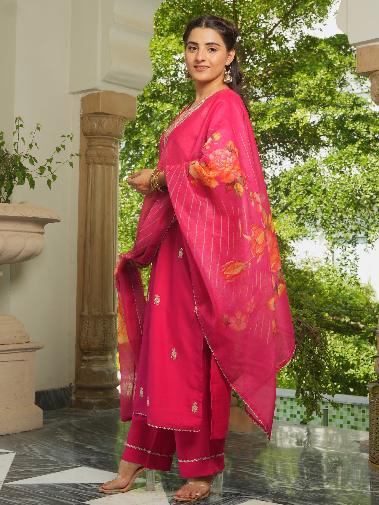 Embroidered Chanderi Solid Burnt Pink Kurta