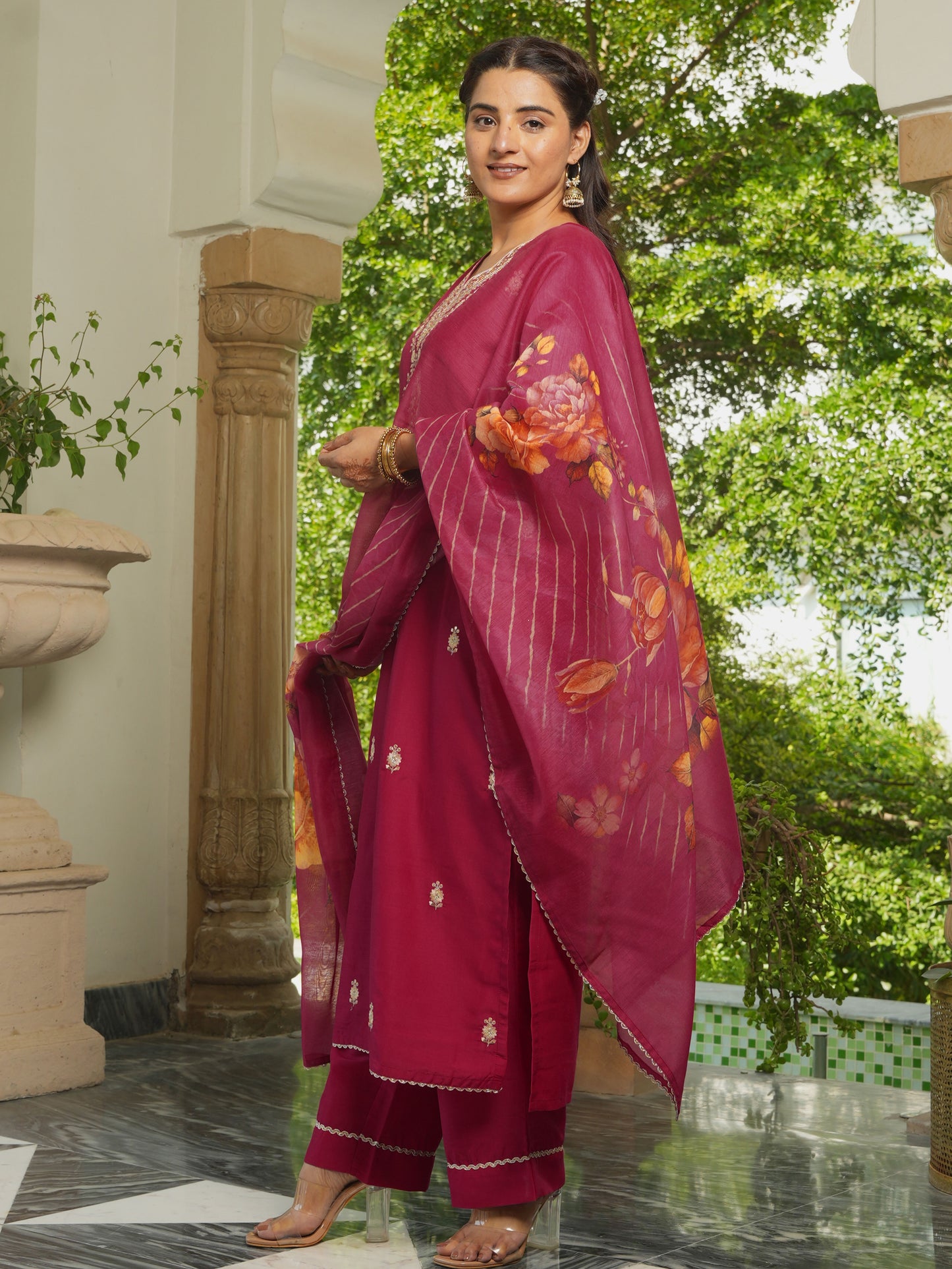 Embroidered Chanderi Solid Straight Burnt Pink Kurta