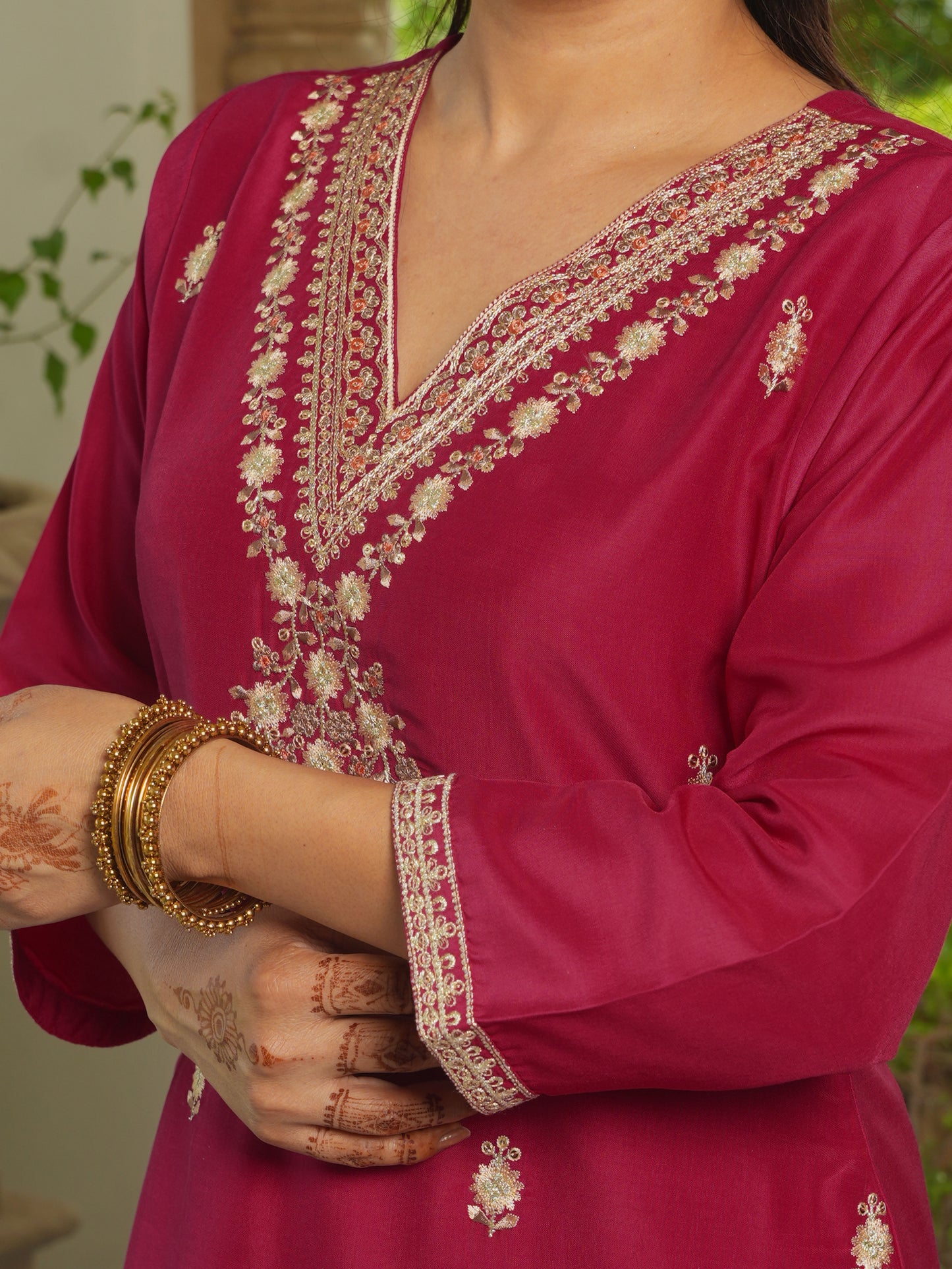 Embroidered Chanderi Solid Straight Burnt Pink Kurta