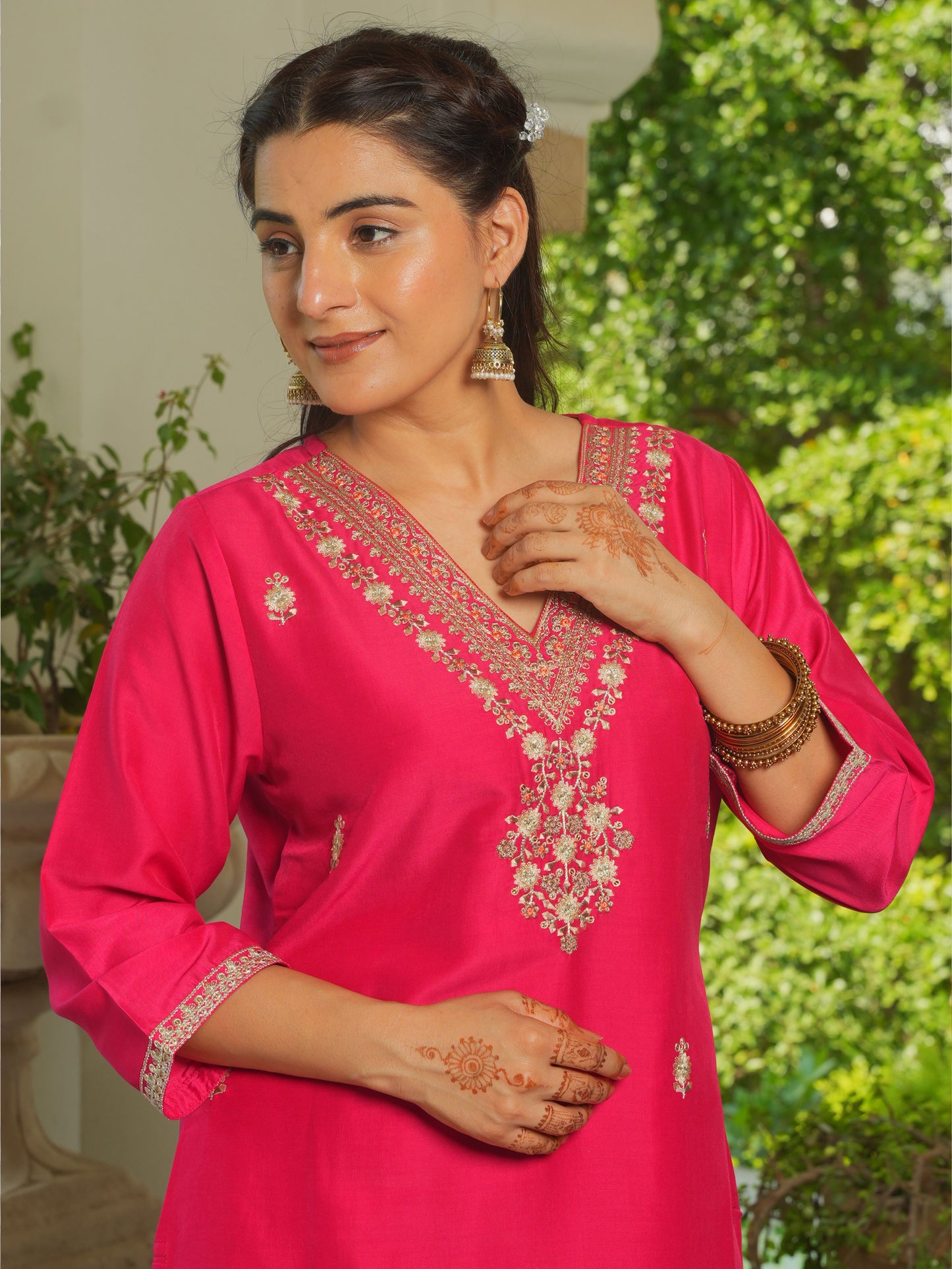 Embroidered Chanderi Solid Burnt Pink Kurta