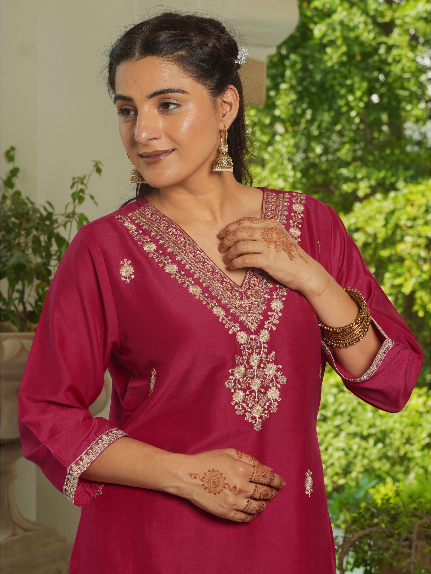 Embroidered Chanderi Solid Straight Burnt Pink Kurta