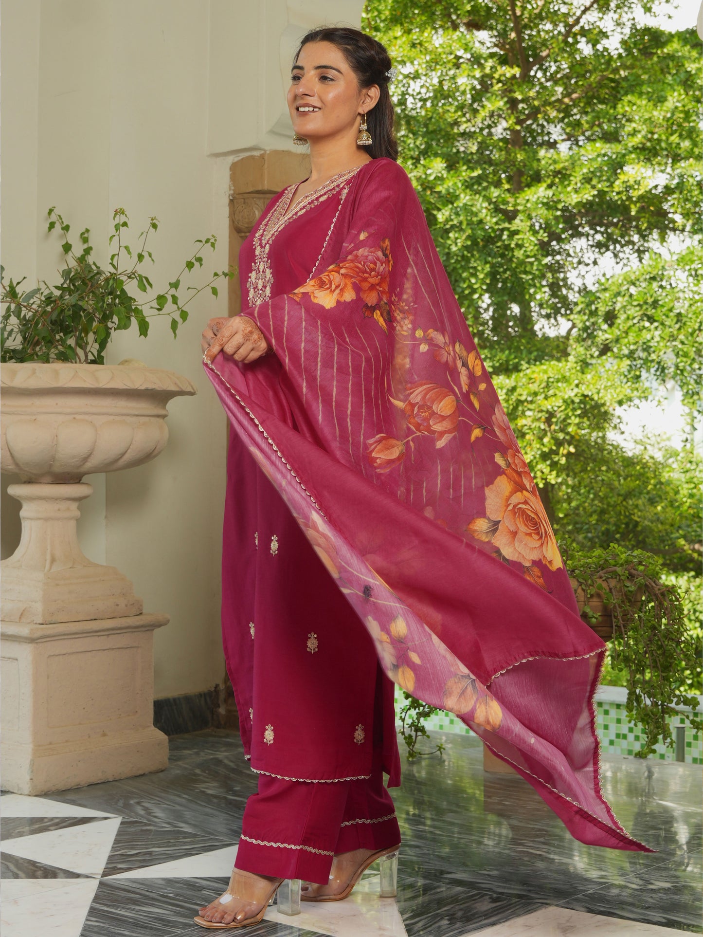 Embroidered Chanderi Solid Straight Burnt Pink Kurta