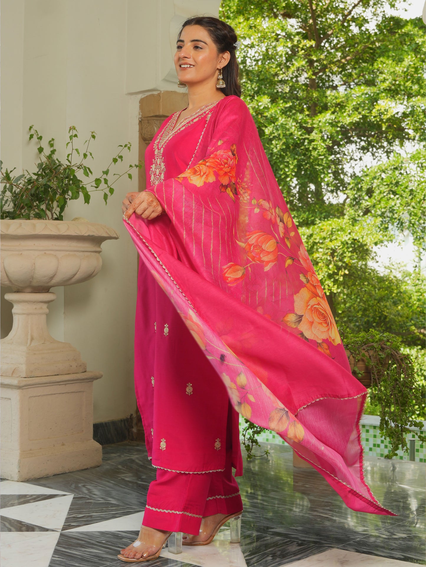 Embroidered Chanderi Solid Burnt Pink Kurta