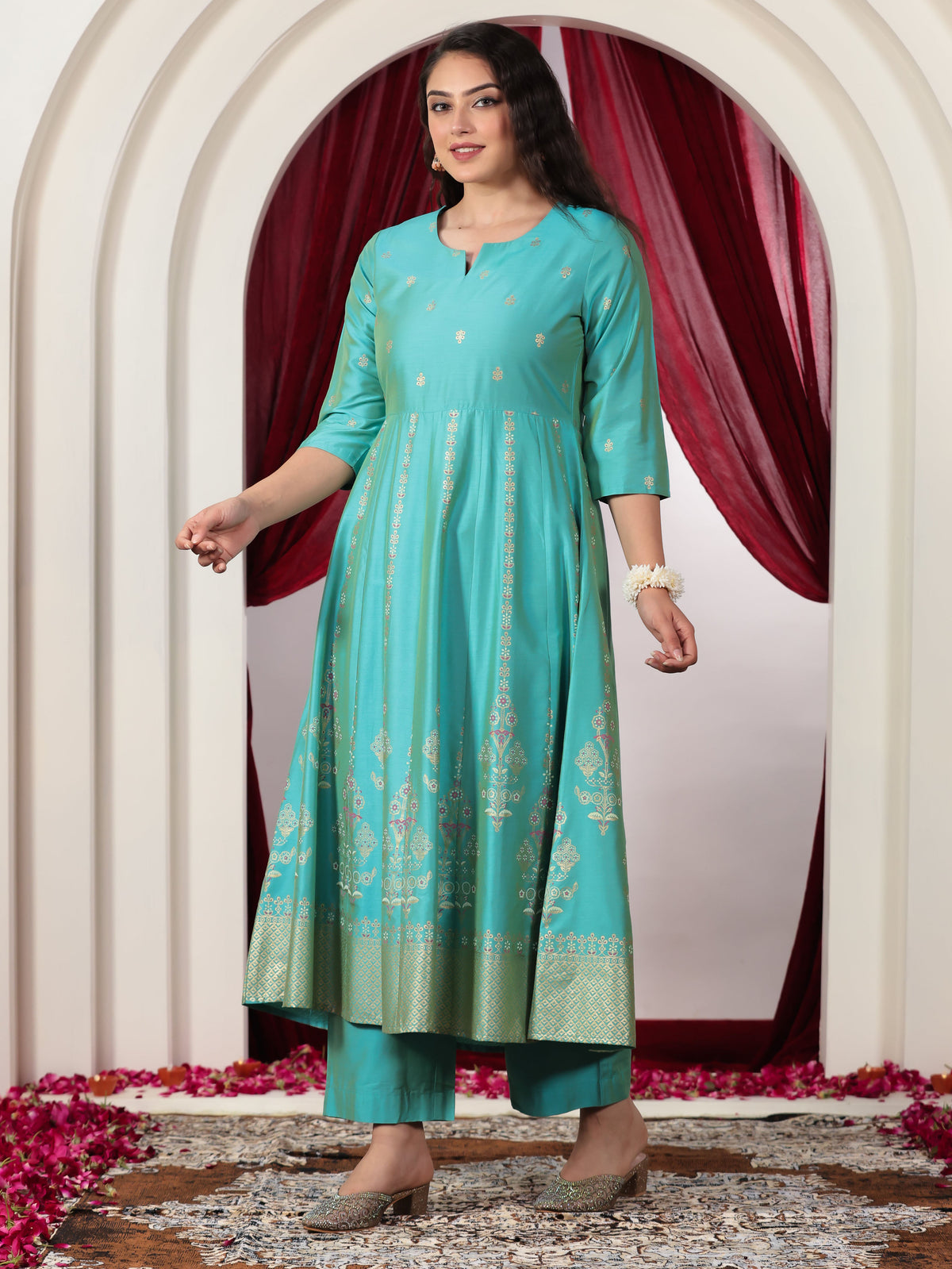 Blended silk Gold foil Anarkali Turquoise Kurta