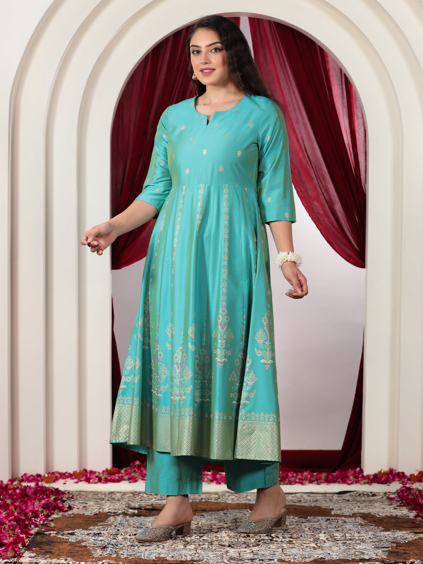 Chanderi Gold foil Anarkali Turquoise Kurta