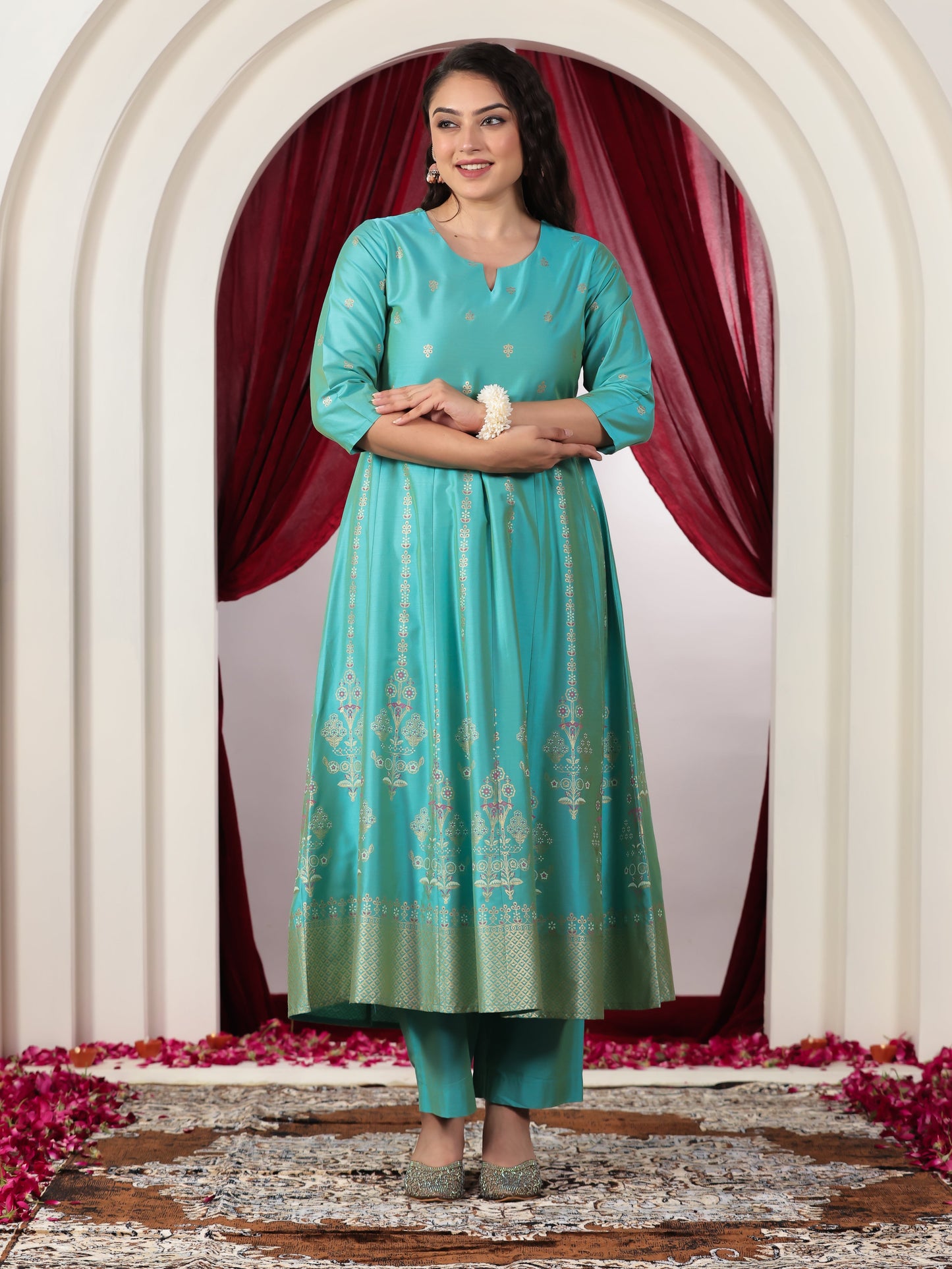 Chanderi Gold foil Anarkali Turquoise Kurta