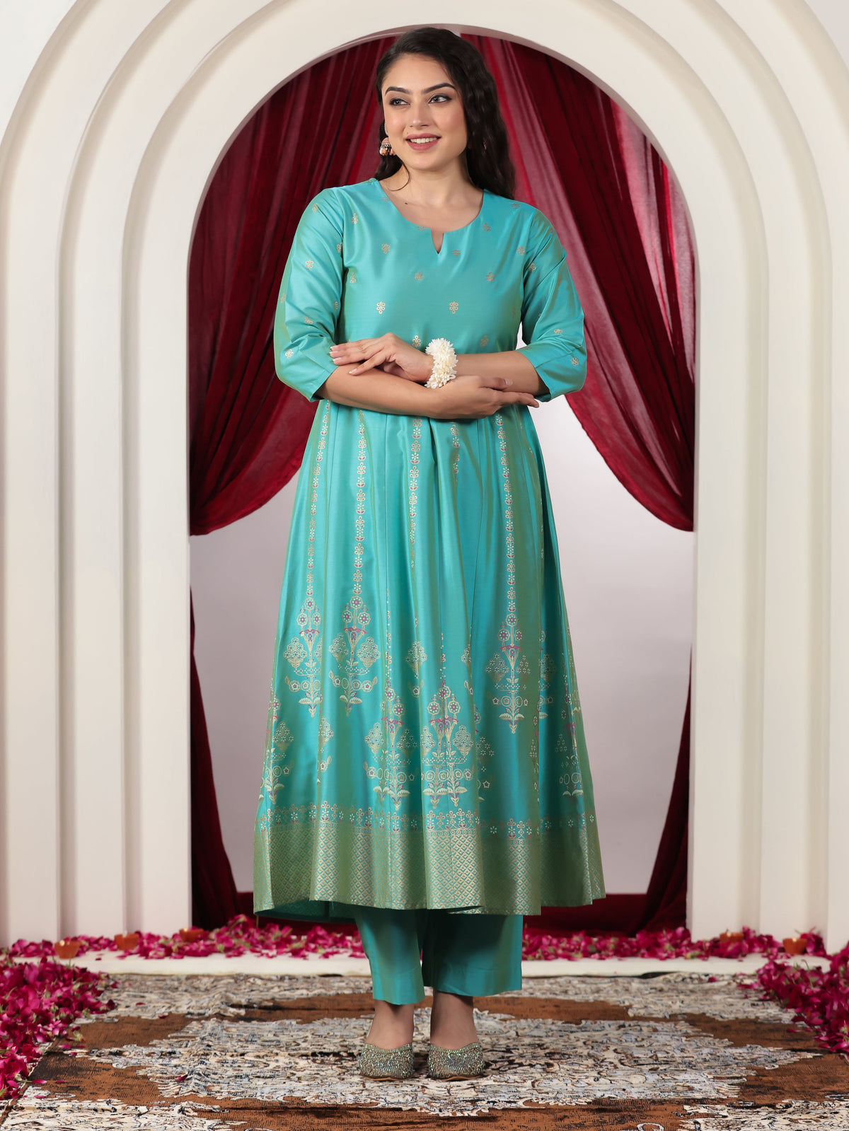 Blended silk Gold foil Anarkali Turquoise Kurta