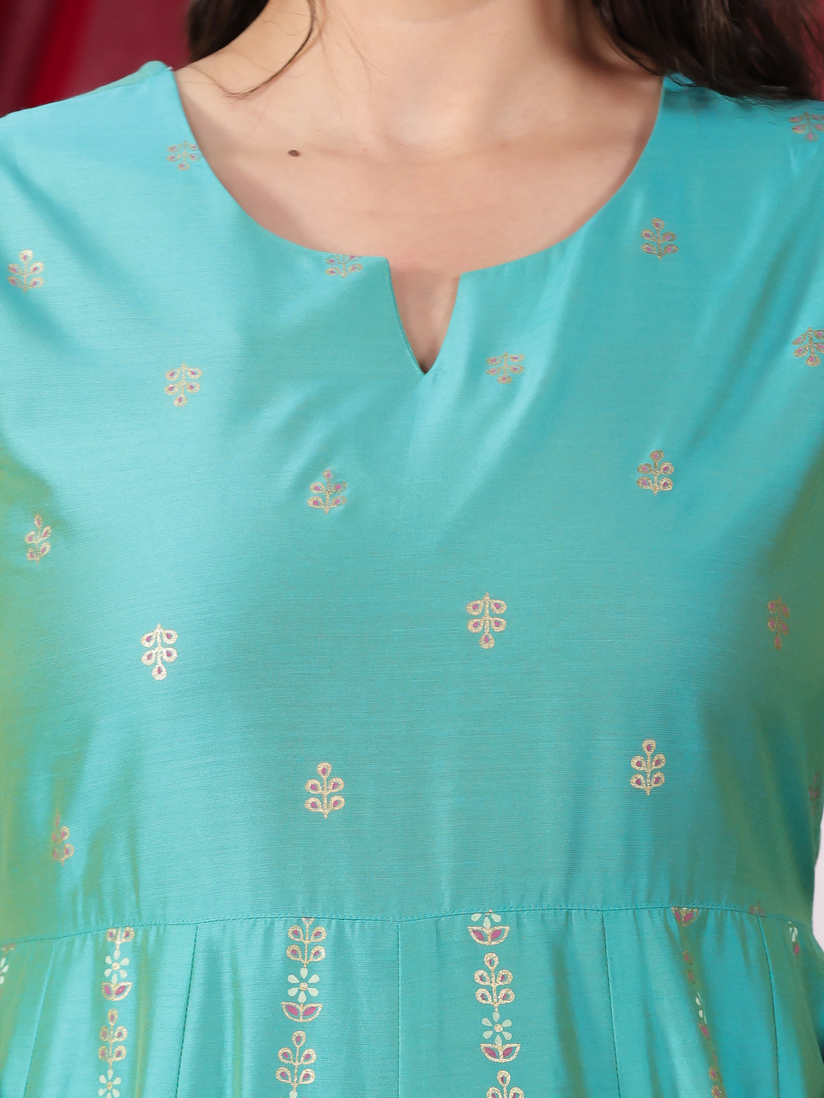Blended silk Gold foil Anarkali Turquoise Kurta
