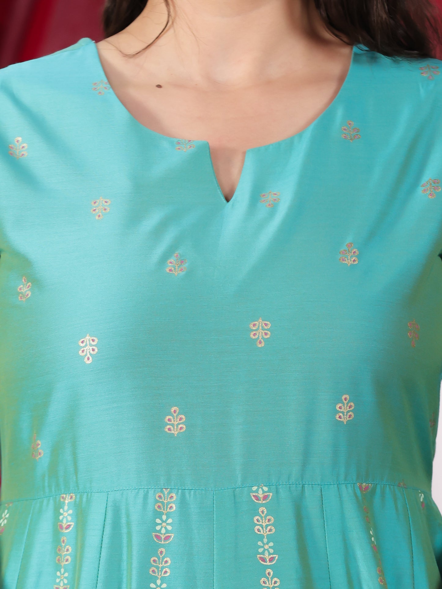 Chanderi Gold foil Anarkali Turquoise Kurta