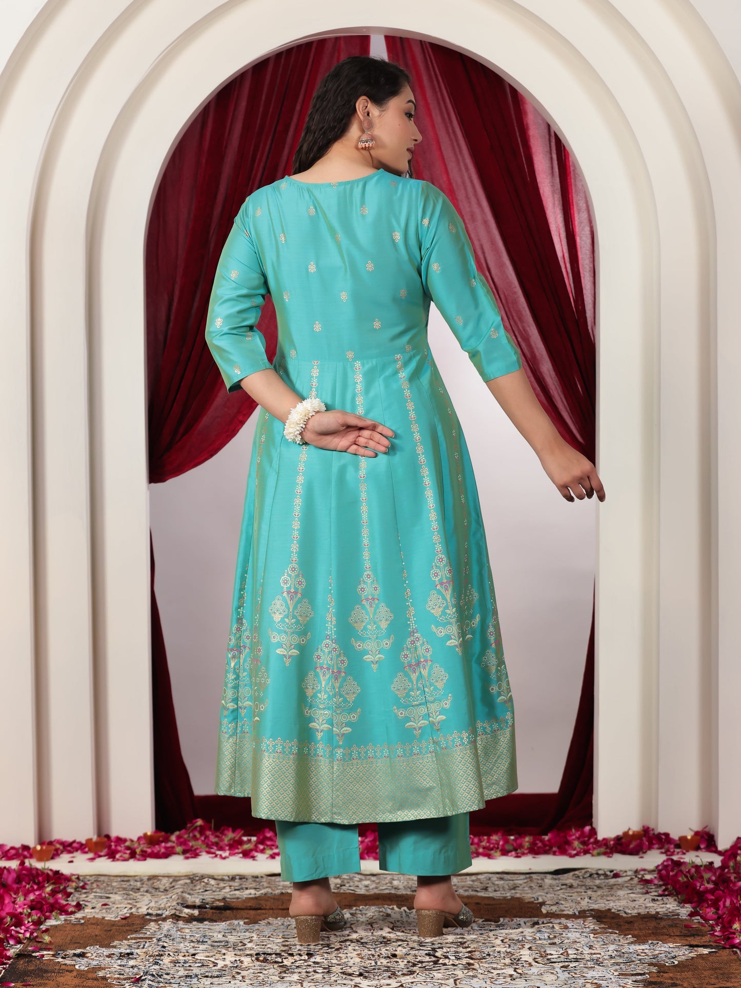 Chanderi Gold foil Anarkali Turquoise Kurta