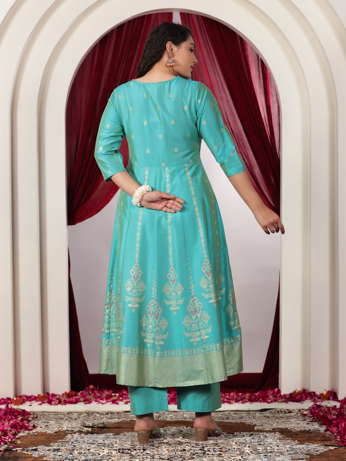 Blended silk Gold foil Anarkali Turquoise Kurta