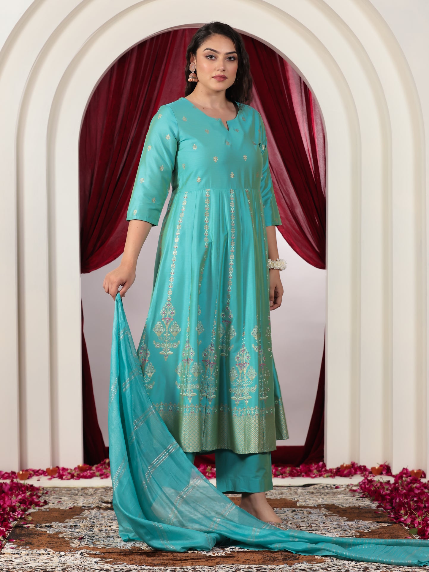 Chanderi Gold foil Anarkali Turquoise Kurta