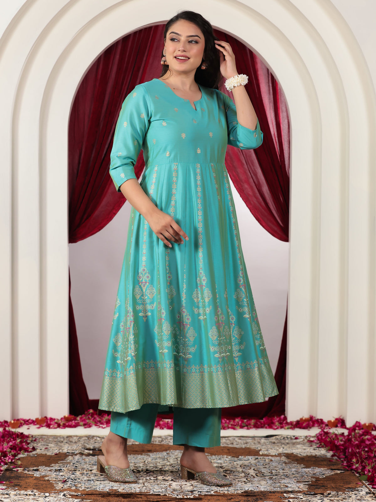 Blended silk Gold foil Anarkali Turquoise Kurta