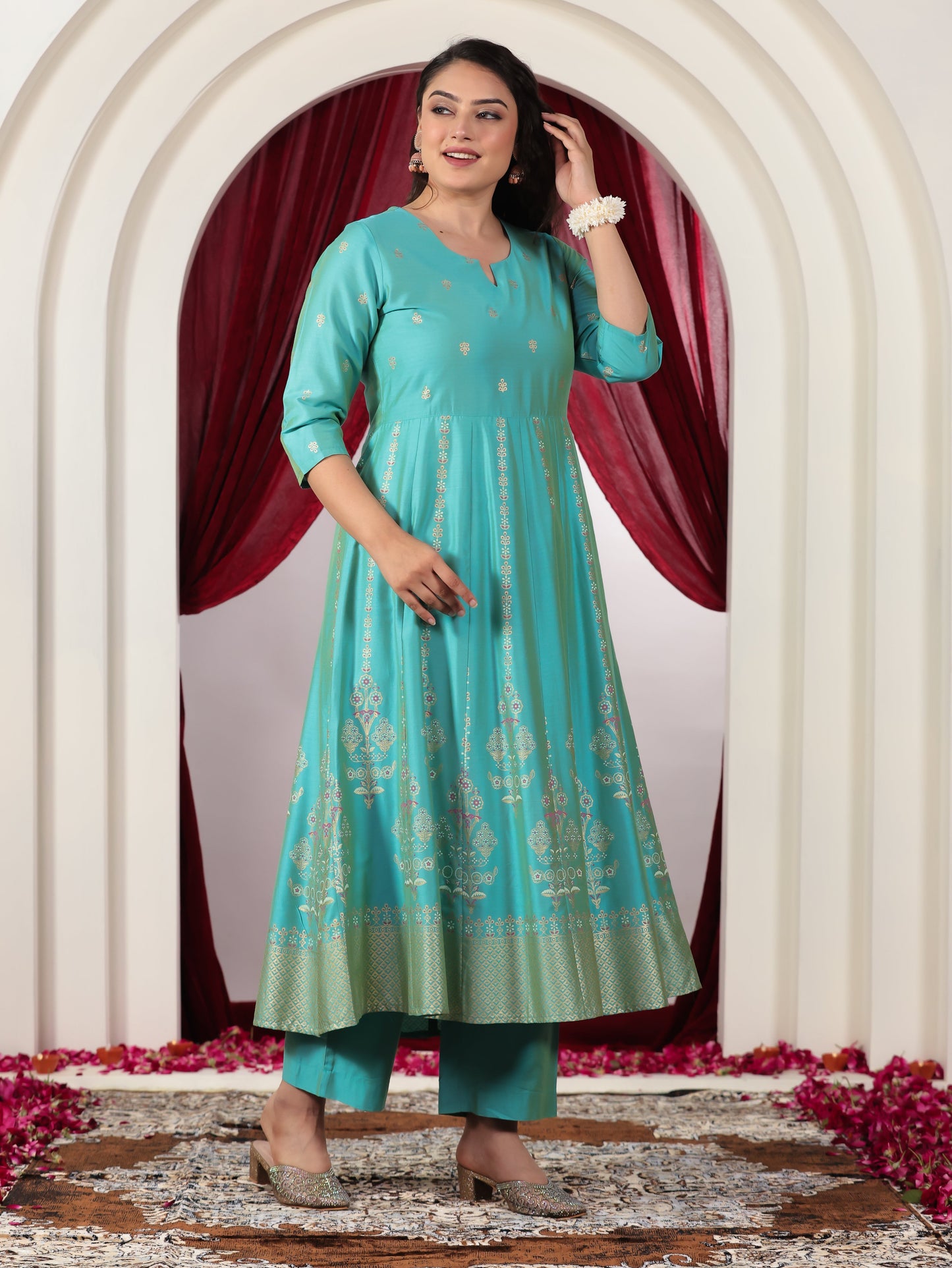 Chanderi Gold foil Anarkali Turquoise Kurta